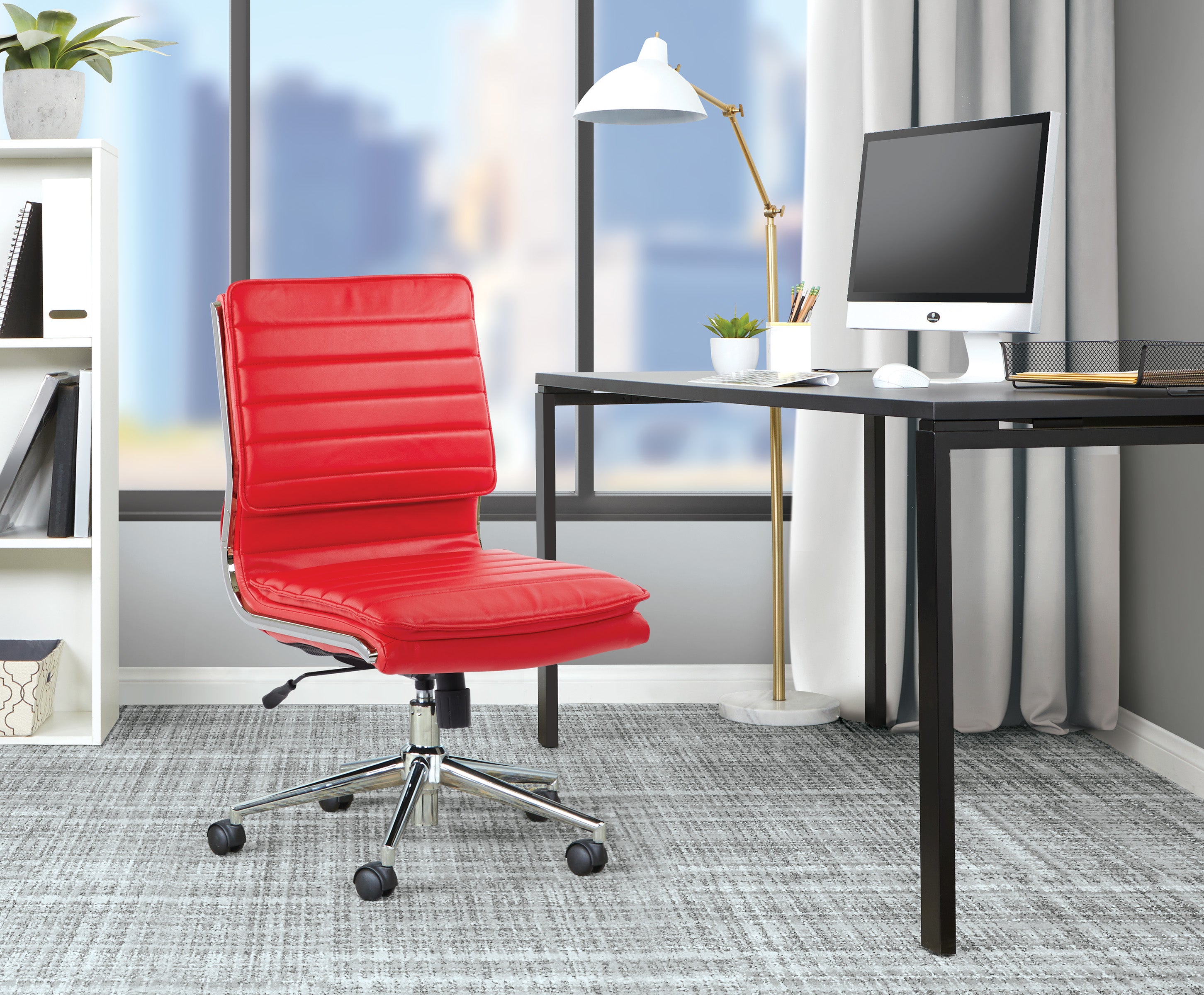 Armless Mid Bk Mgrs Faux Lthr Chair - Red