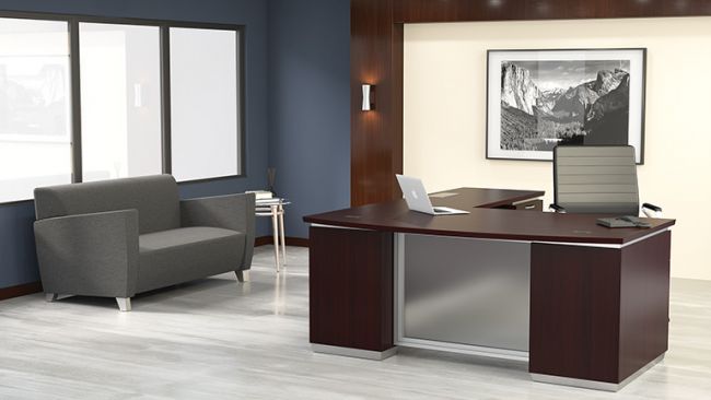 Tuxedo L-Shape w/ Bow Front Desk and Right Return 72x90 - Dark Roast