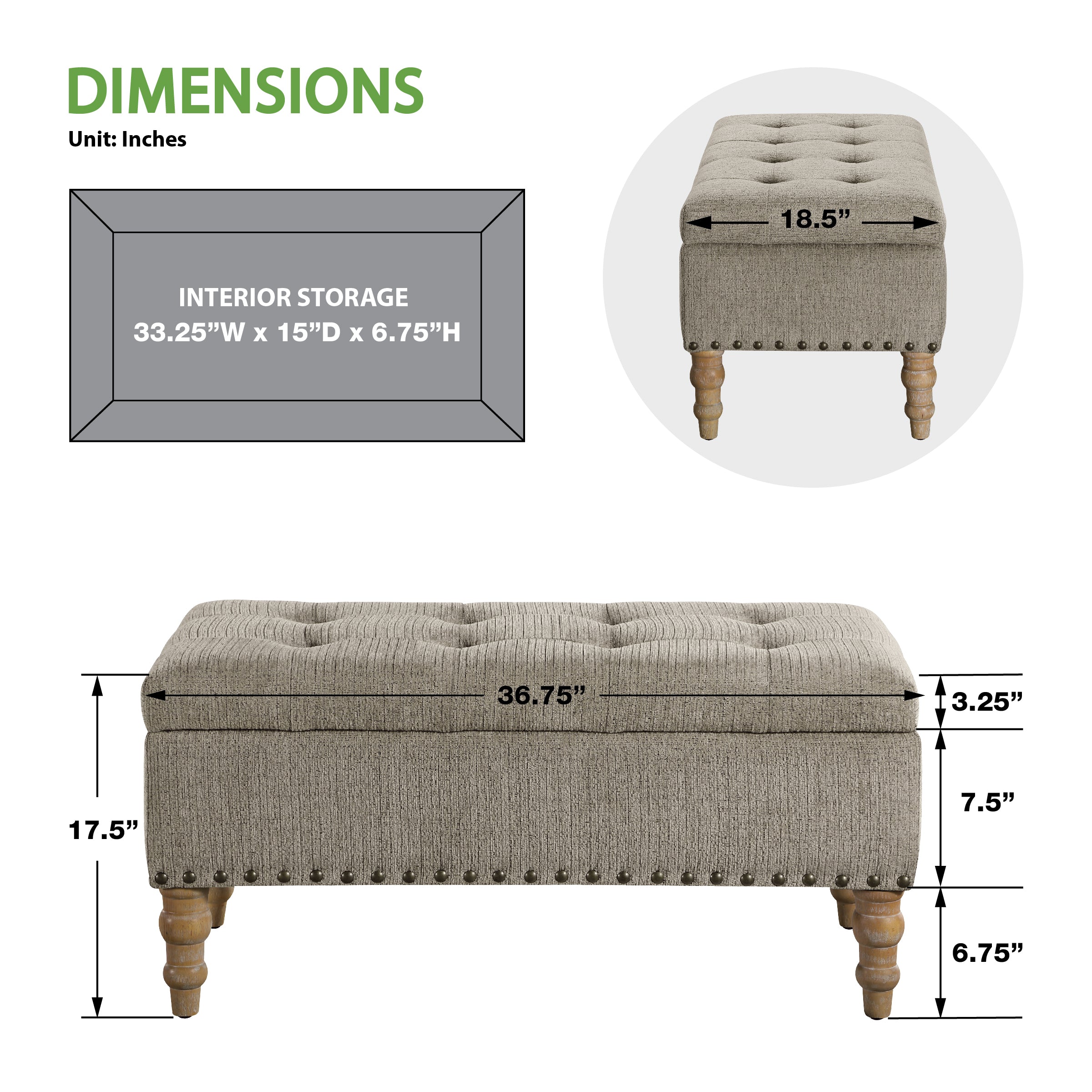 Woodbury Storage Bench - Taupe