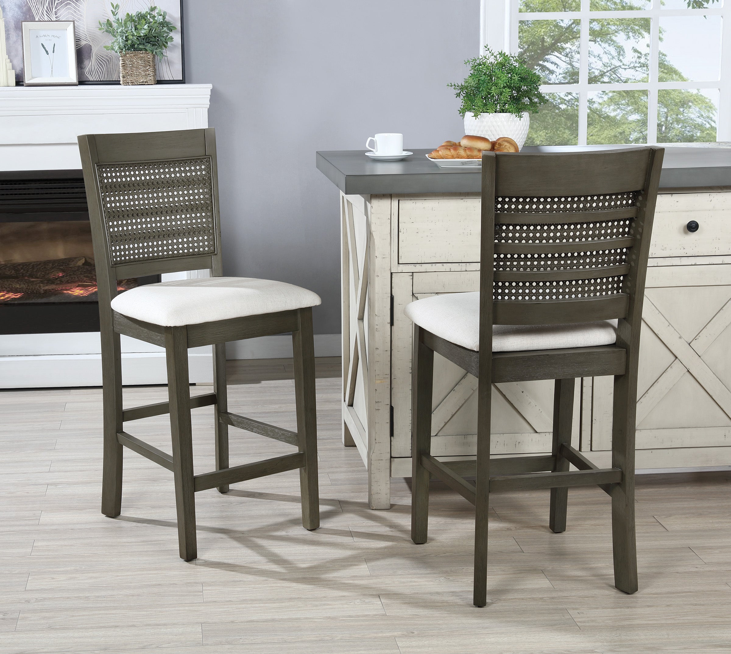 Walden 24" Cane Back Stool 2pk - Linen / Antique Grey