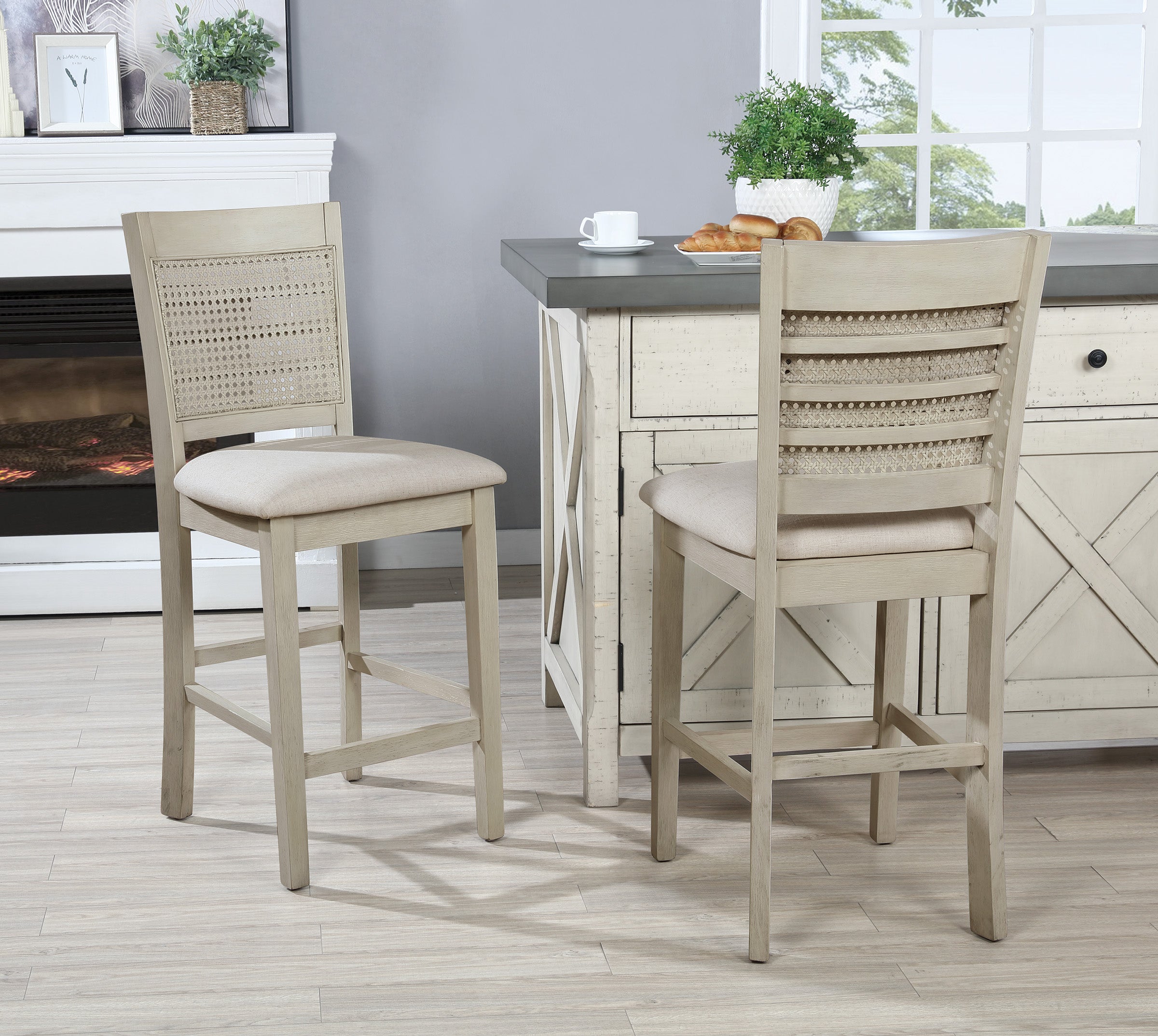 Walden 24" Cane Back Stool 2pk - Linen / Antique White