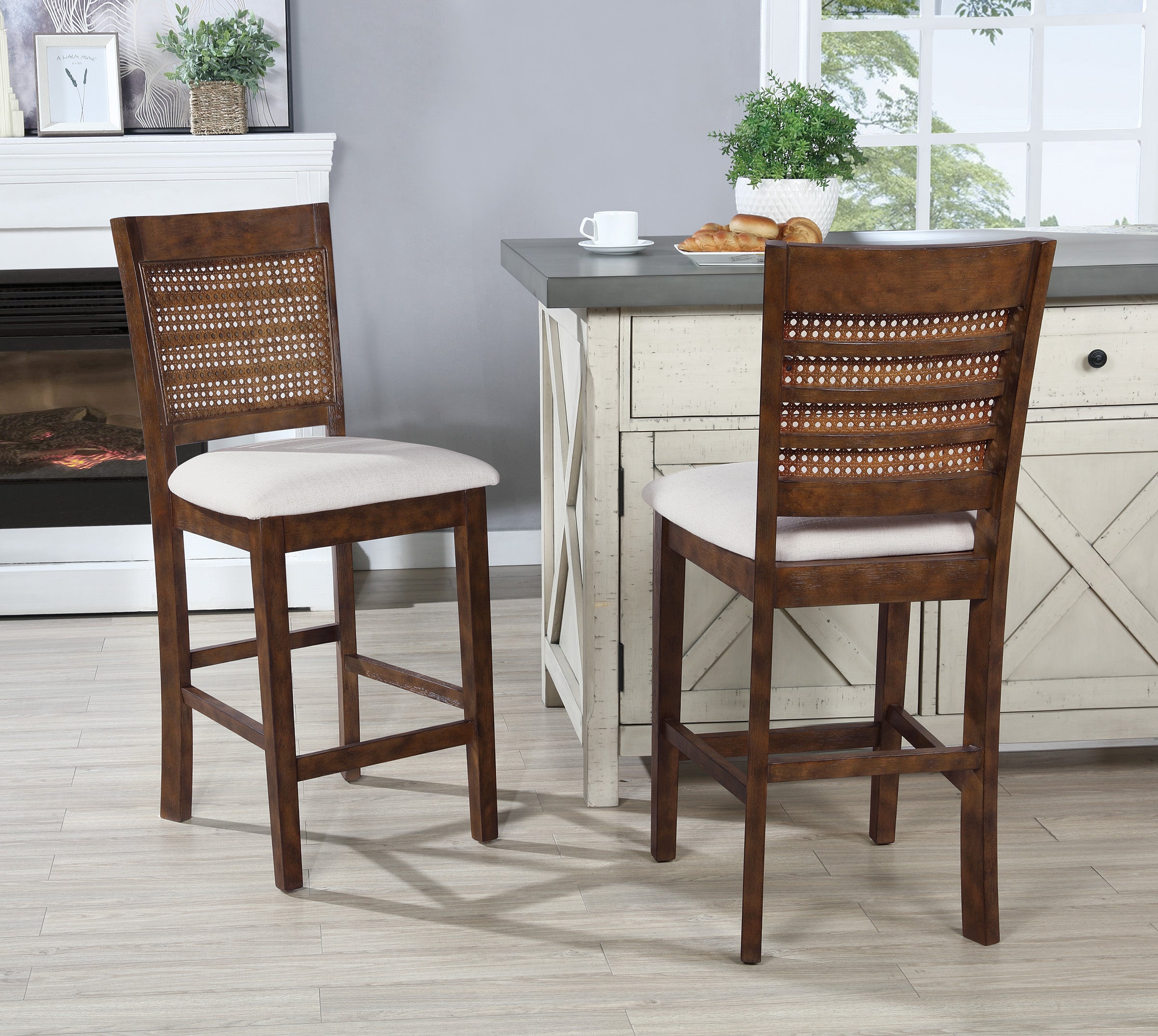 Walden 24" Cane Back Stool 2pk - Linen / Burnt Brown