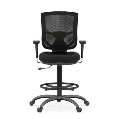 OfficeSource CoolMesh Pro Collection Mesh Back Task Stool with Adjustable Arms, Upholstered Seat, Footring and Titanium Base - Black Fabric