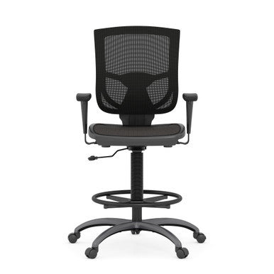 OfficeSource CoolMesh Pro Collection Mesh Back Task Stool with Adjustable Arms, Upholstered Seat, Footring and Titanium Base - Black Mesh