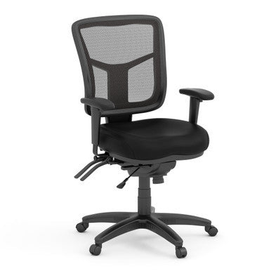 OfficeSource CoolMesh Multi Function, Mid Back Chair with Seat Slider and Black Frame - Black Leather Seat