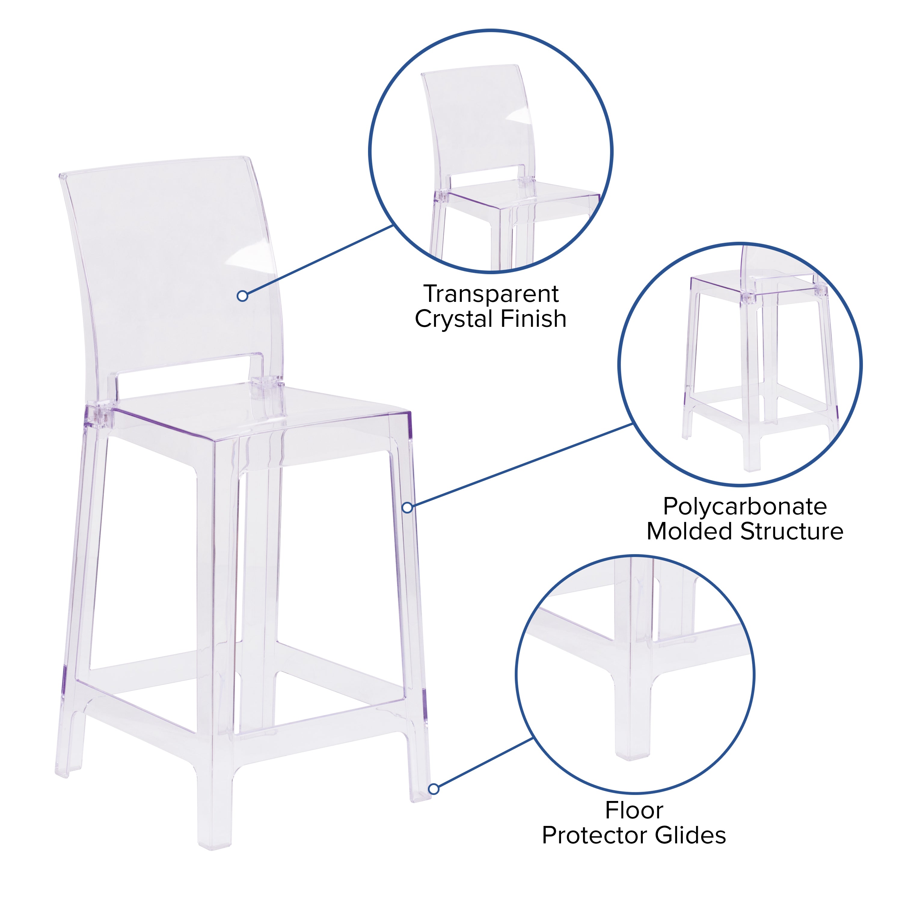 Emilie Ghost Counter Stool with Square Back in Transparent Crystal