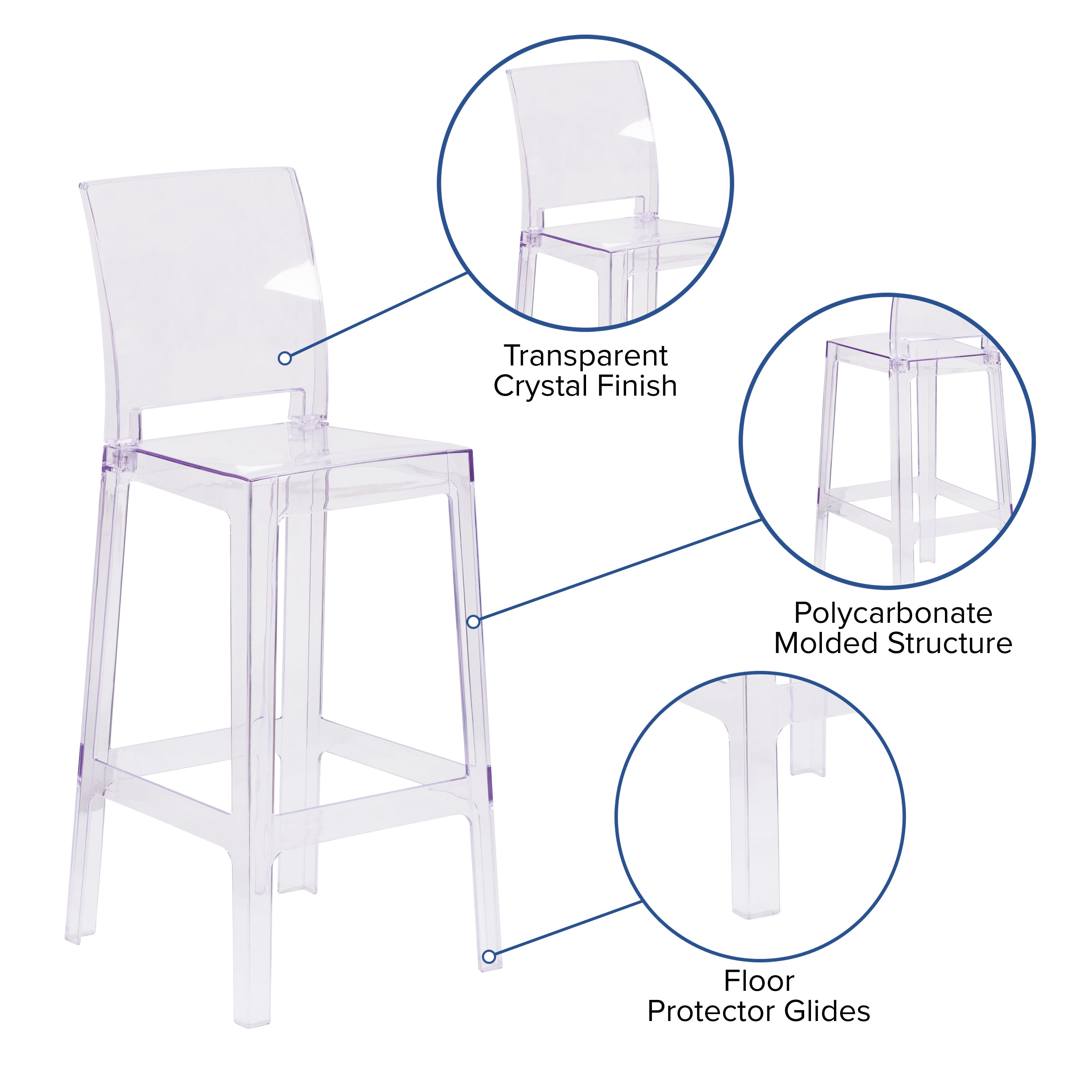 Emilie Ghost Barstool with Square Back in Transparent Crystal