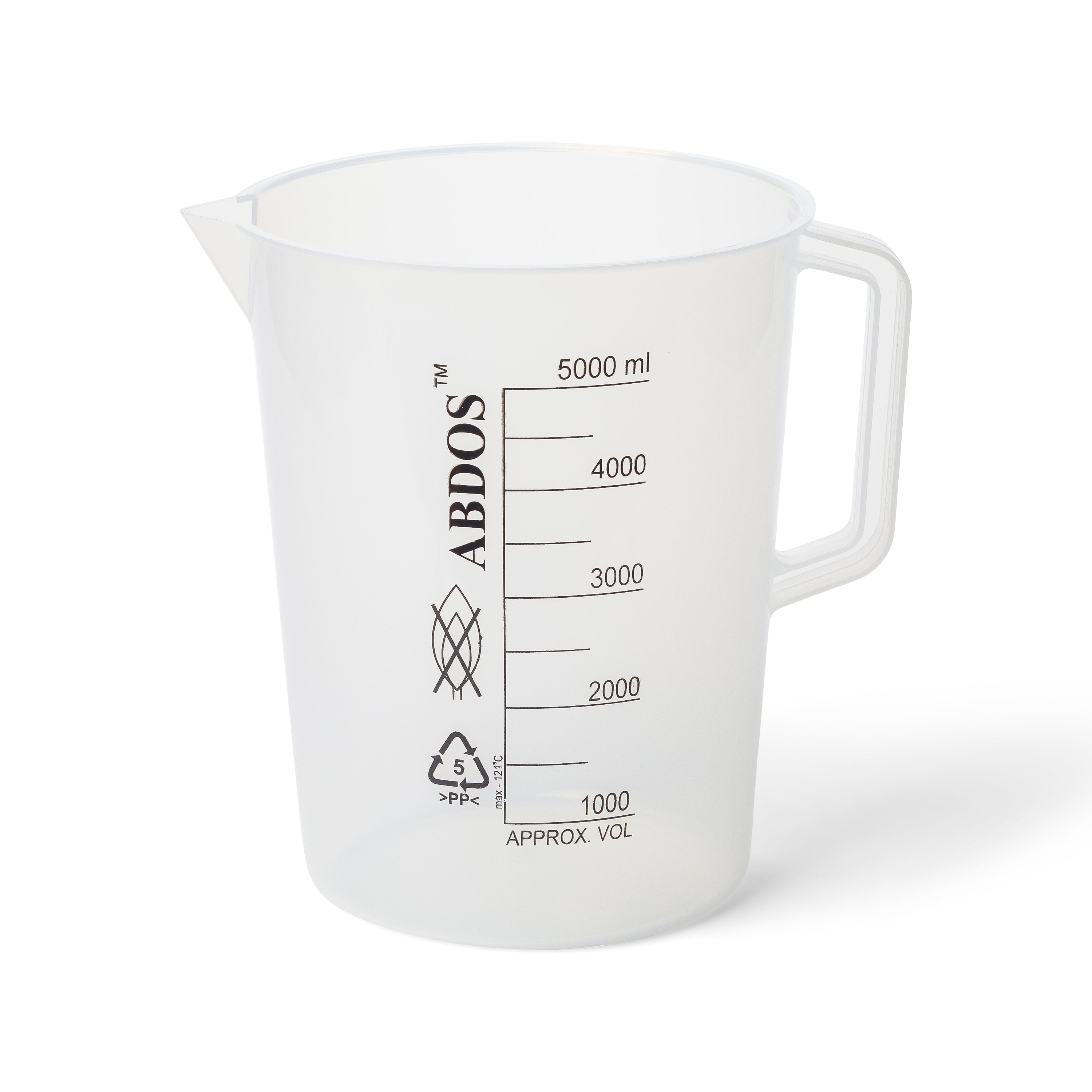 United Scientific® Beakers W/Handle, Printed Graduations, PP, 5000 mL, comes with 2