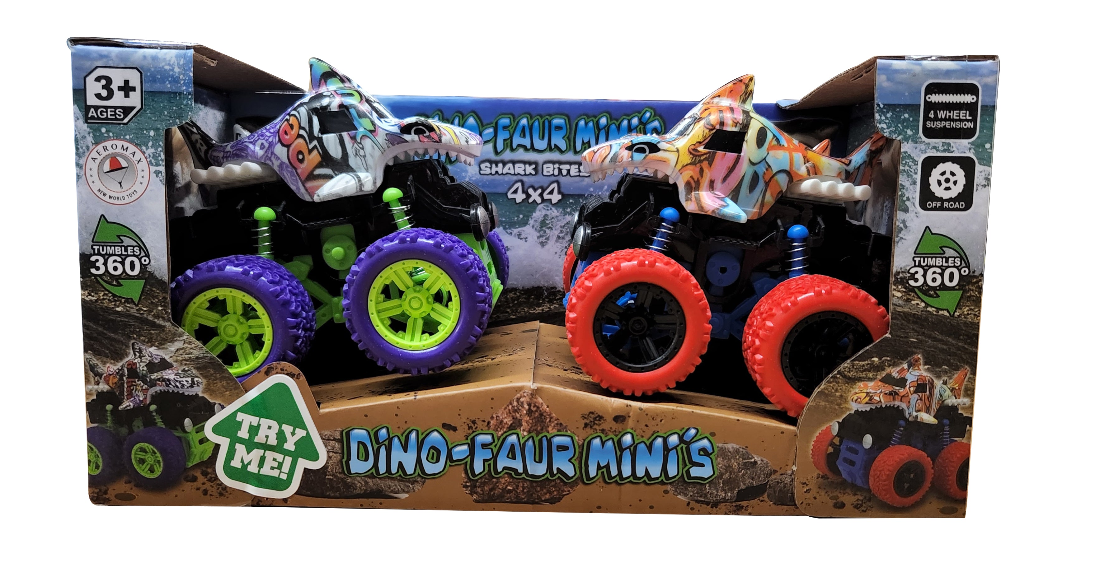 Dino-Faur Mini Friction Powered Push N Go Shark, 2/pk