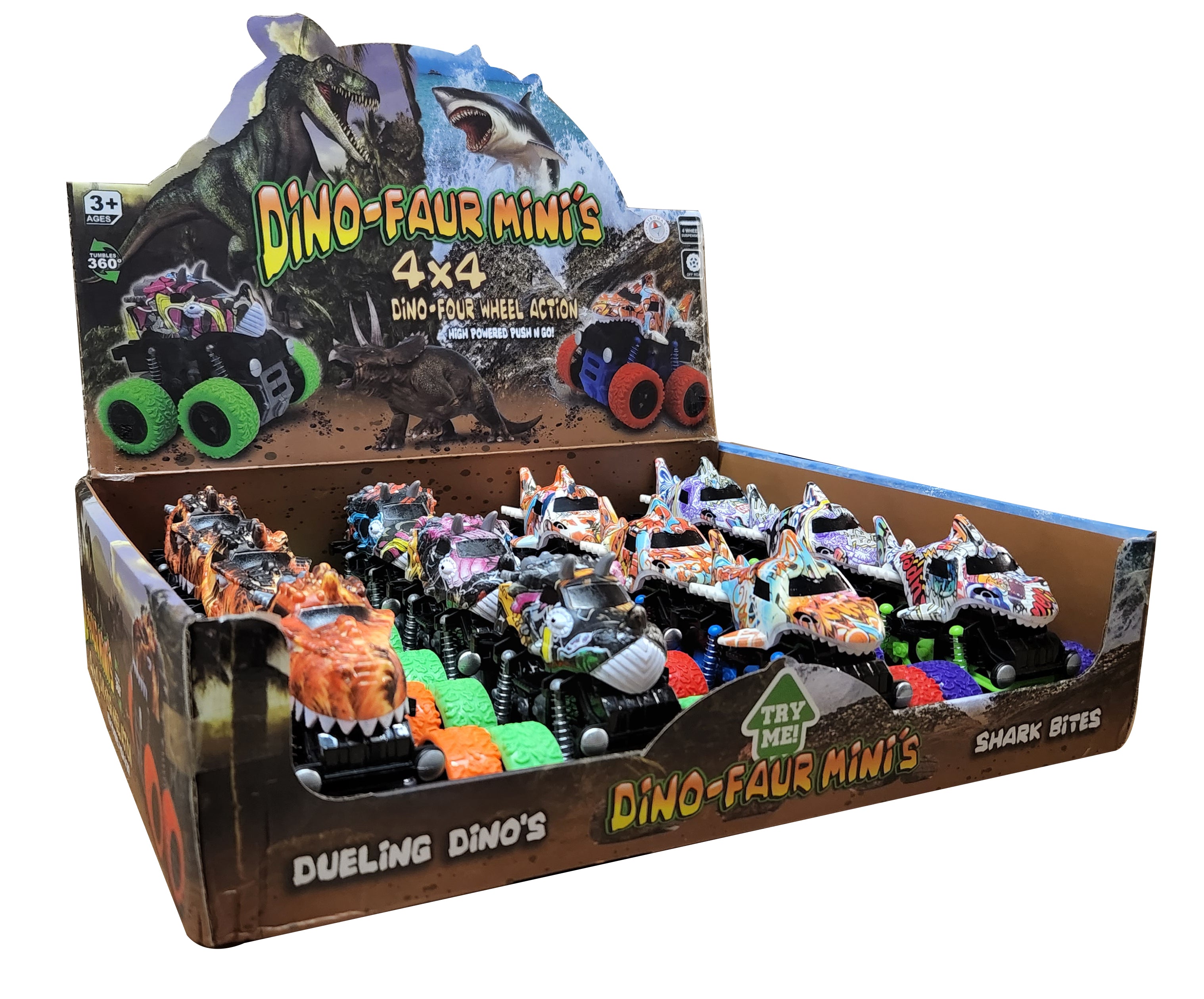 Dino-Faur Mini Friction Powered Push N Go Shark & Trex/Tric, 12/pc Display