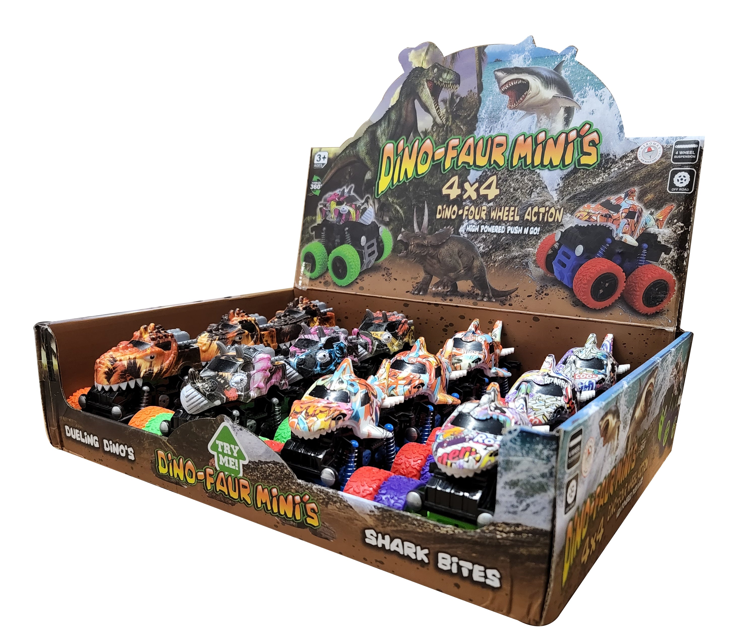 Dino-Faur Mini Friction Powered Push N Go Shark & Trex/Tric, 12/pc Display