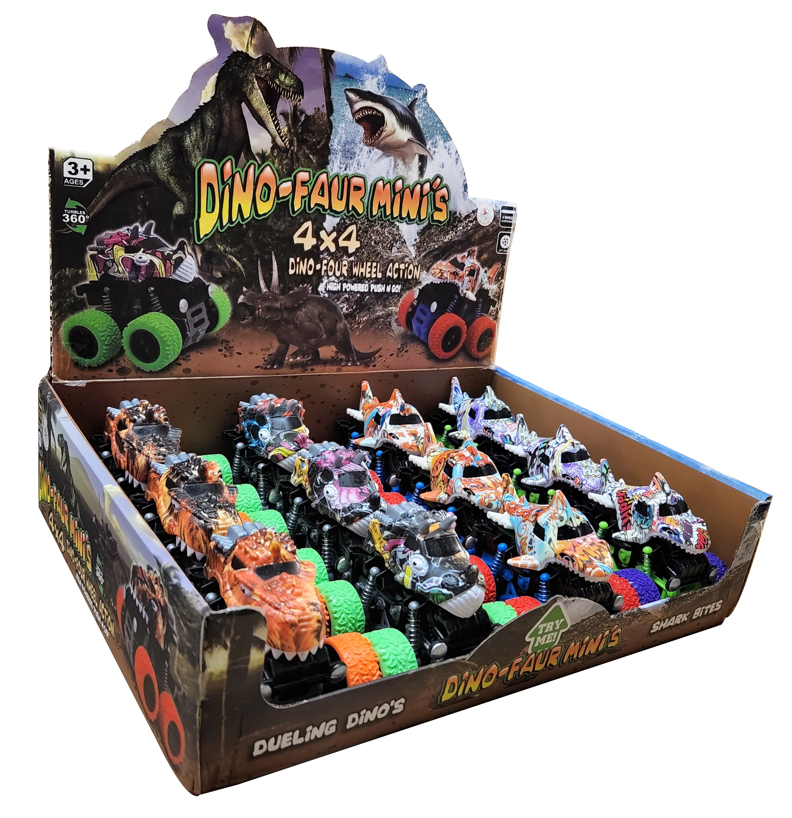 Dino-Faur Mini Friction Powered Push N Go Shark & Trex/Tric, 12/pc Display