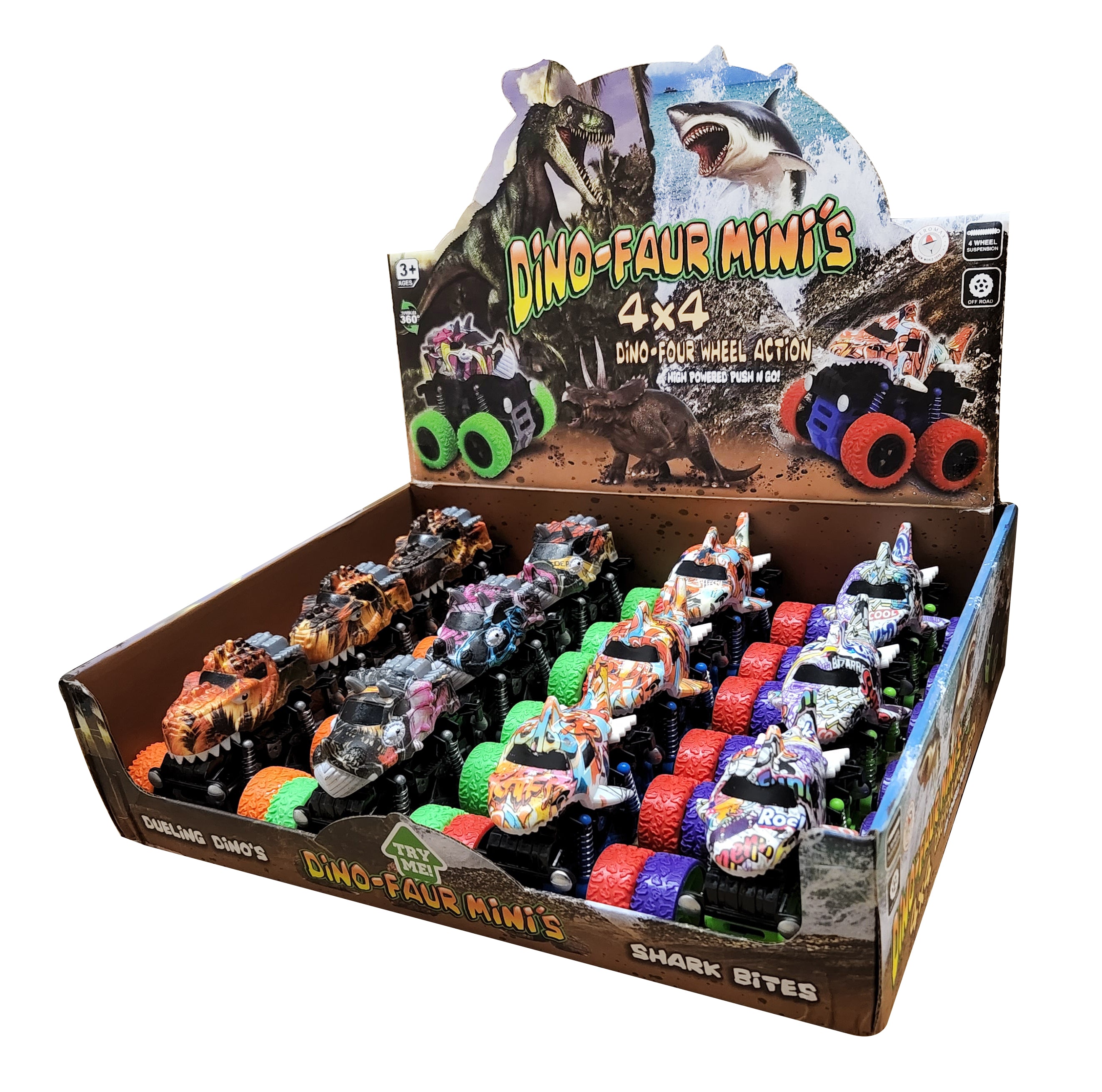 Dino-Faur Mini Friction Powered Push N Go Shark & Trex/Tric, 12/pc Display