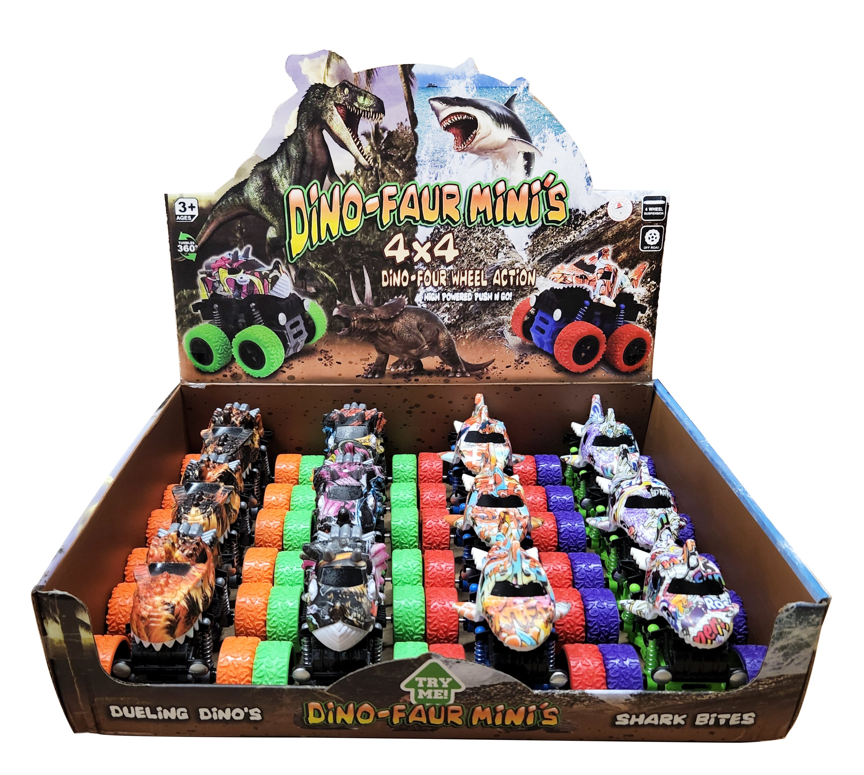 Dino-Faur Mini Friction Powered Push N Go Shark & Trex/Tric, 12/pc Display