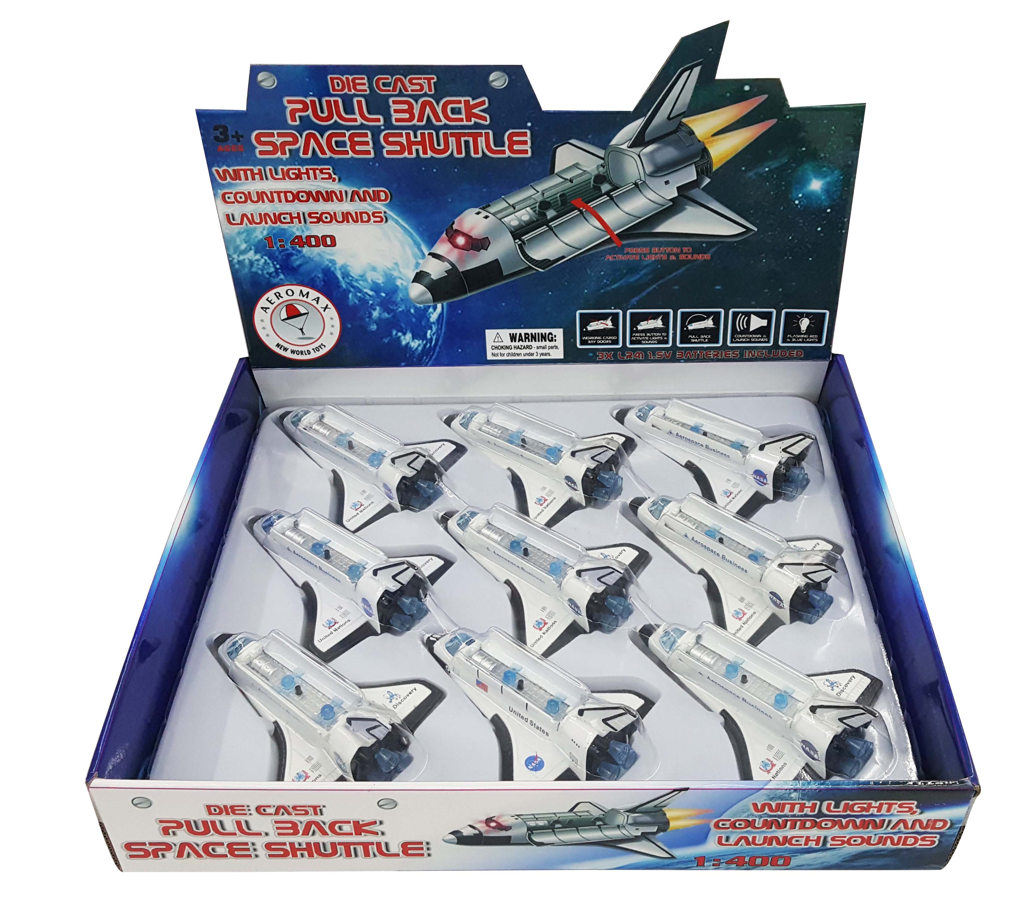 Diecast Pull Back Space Shuttle, With Lights & Sound In Tray Display
