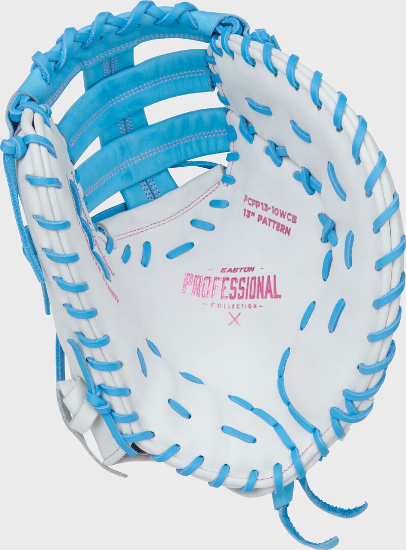 Easton Pro Collection Series First Base Mitt 13-Inch Softball Glove  - Left Hand Thrower - White/Columbia Blue