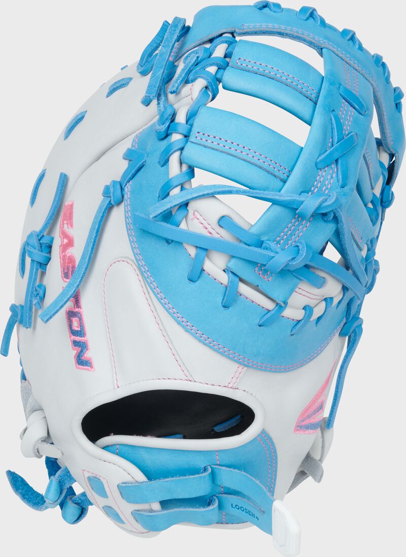 Easton Pro Collection Series First Base Mitt 13-Inch Softball Glove  - Right Hand Thrower - White/Columbia Blue