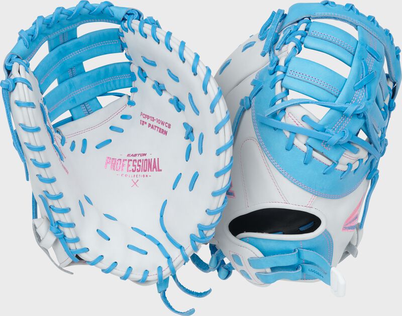 Easton Pro Collection Series First Base Mitt 13-Inch Softball Glove  - Left Hand Thrower - White/Columbia Blue
