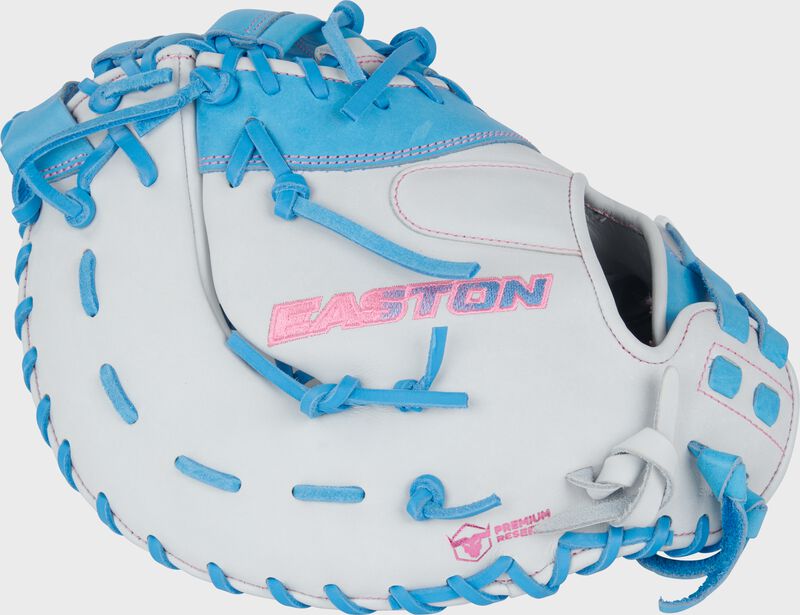 Easton Pro Collection Series First Base Mitt 13-Inch Softball Glove  - Left Hand Thrower - White/Columbia Blue