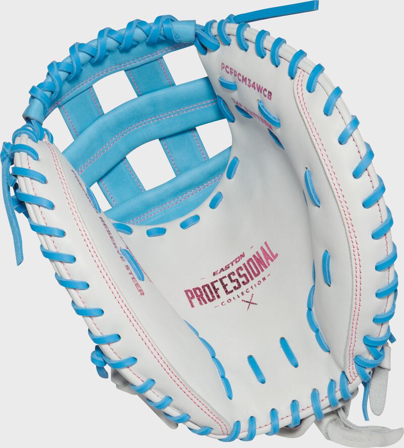 Easton Pro Collection Series Catchers Mitt 34-Inch Softball Glove  - Right Hand Thrower - White/Columbia Blue