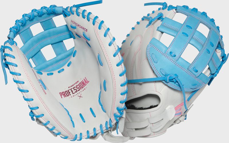 Easton Pro Collection Series Catchers Mitt 34-Inch Softball Glove  - Right Hand Thrower - White/Columbia Blue