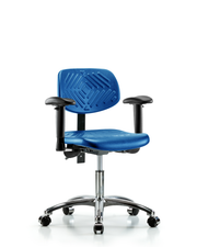 Polyurethane Chair Chrome - Desk Height with Adjustable Arms & Casters in Blue Polyurethane