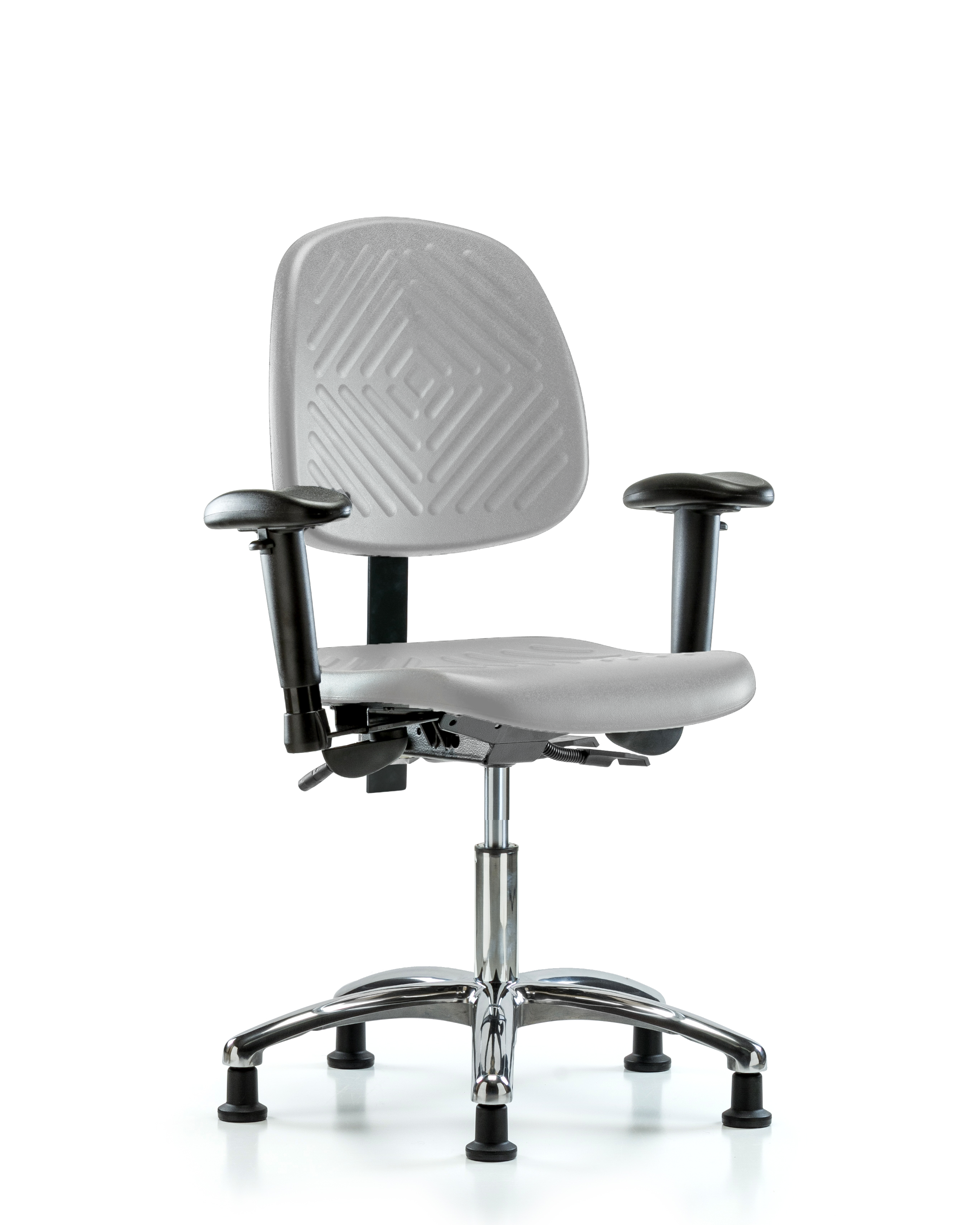 Polyurethane Chair Chrome - Desk Height with Seat Tilt, Adjustable Arms, & Stationary Glides in Gray Polyurethane