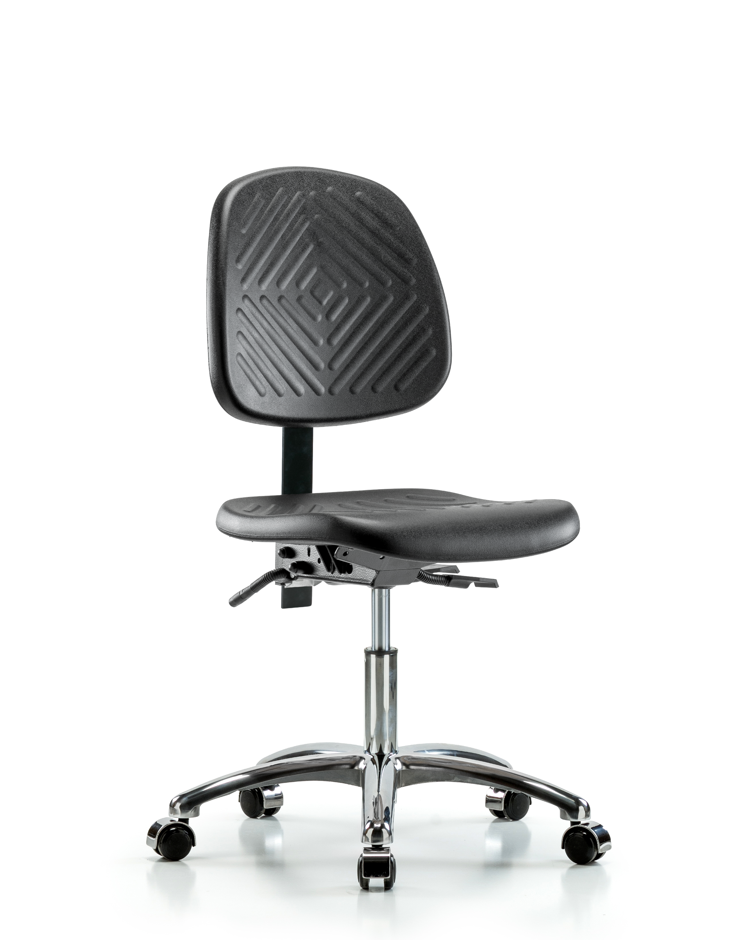 Polyurethane Chair Chrome - Desk Height with Medium Back, Seat Tilt, & Casters in Black Polyurethane