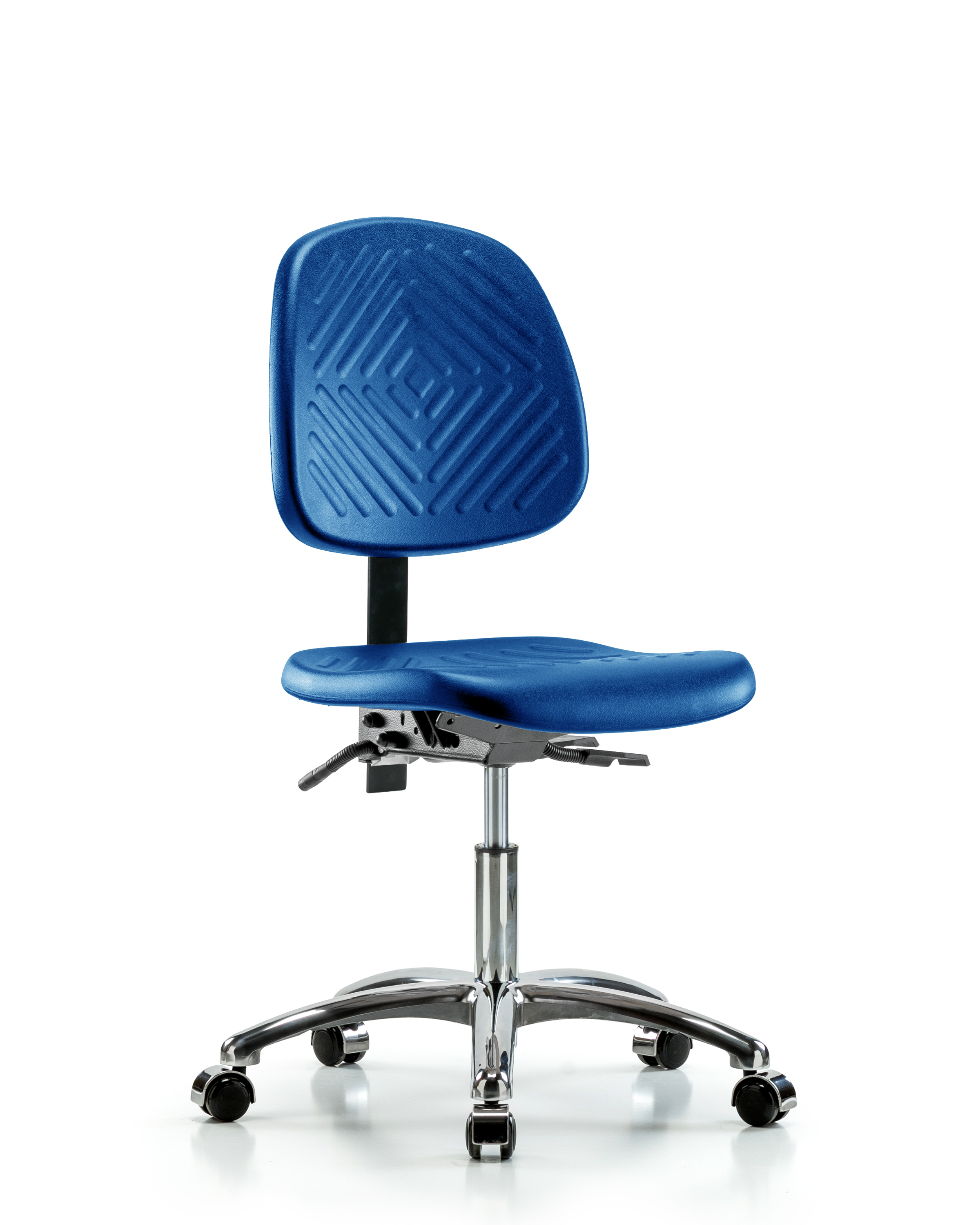 Polyurethane Chair Chrome - Desk Height with Medium Back, Seat Tilt, & Casters in Blue Polyurethane