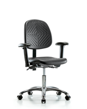 Polyurethane Chair Chrome - Desk Height with Medium Back, Seat Tilt, Adjustable Arms, & Casters in Black Polyurethane