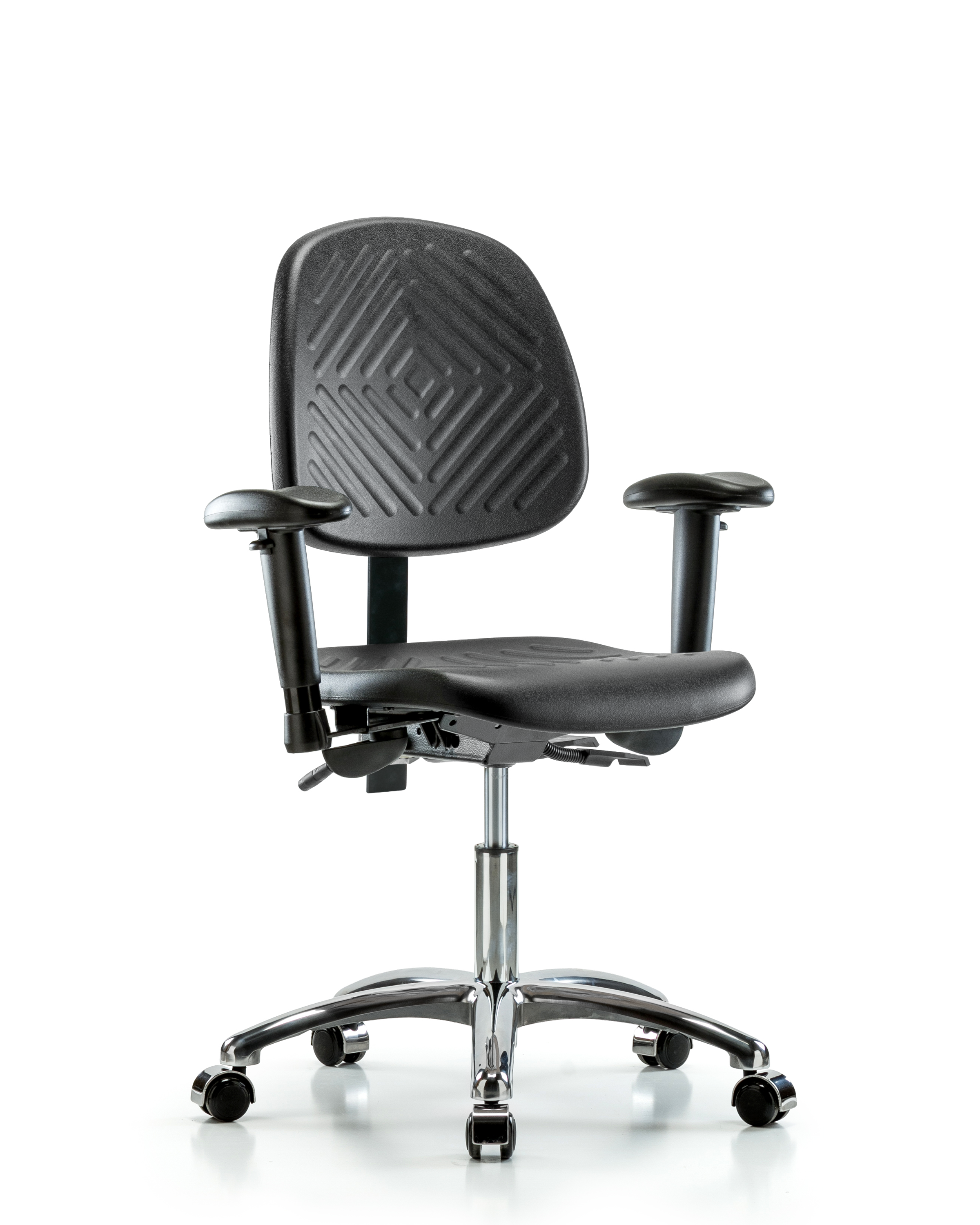 Polyurethane Chair Chrome - Desk Height with Medium Back, Seat Tilt, Adjustable Arms, & Casters in Black Polyurethane