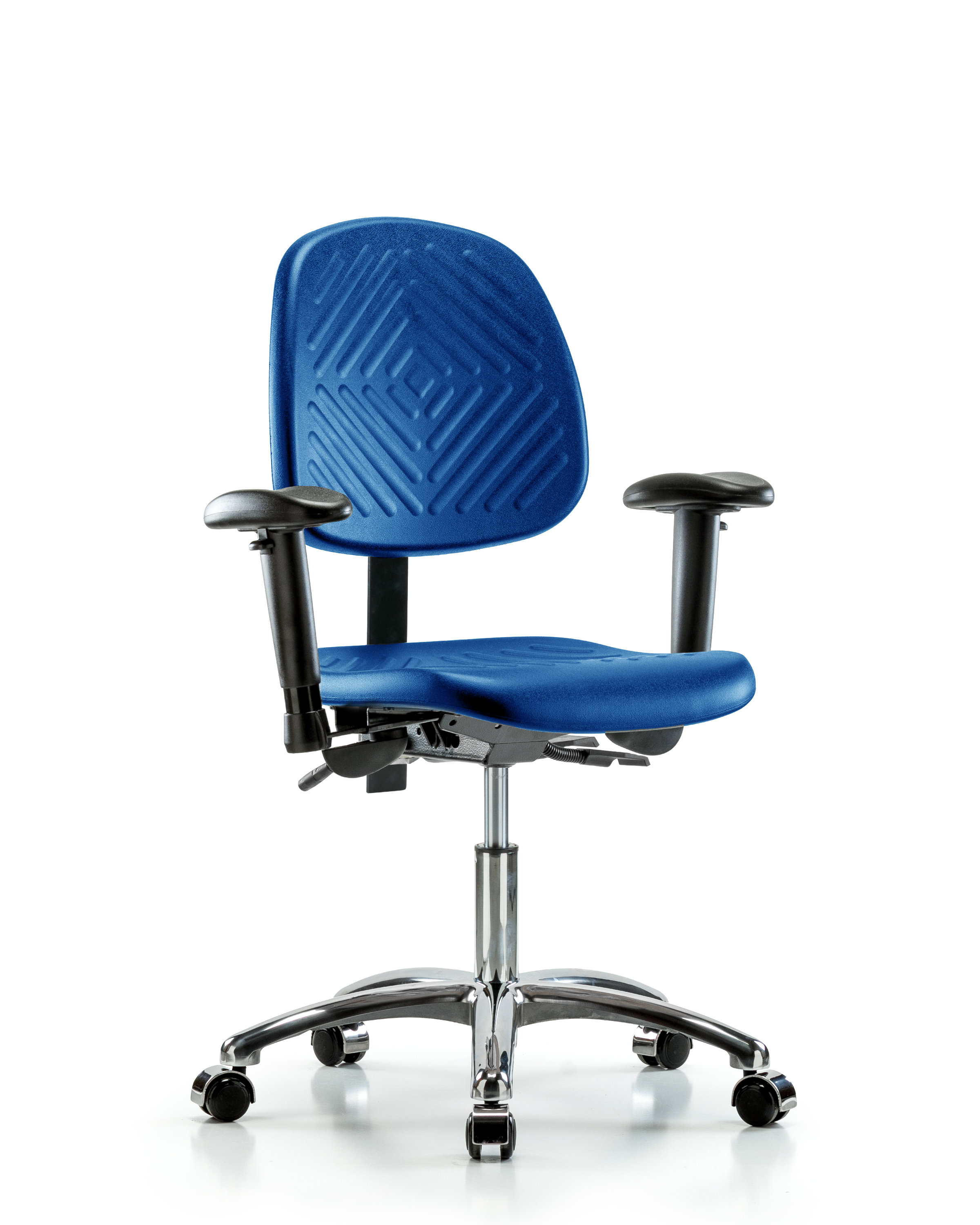Polyurethane Chair Chrome - Desk Height with Medium Back, Seat Tilt, Adjustable Arms, & Casters in Blue Polyurethane