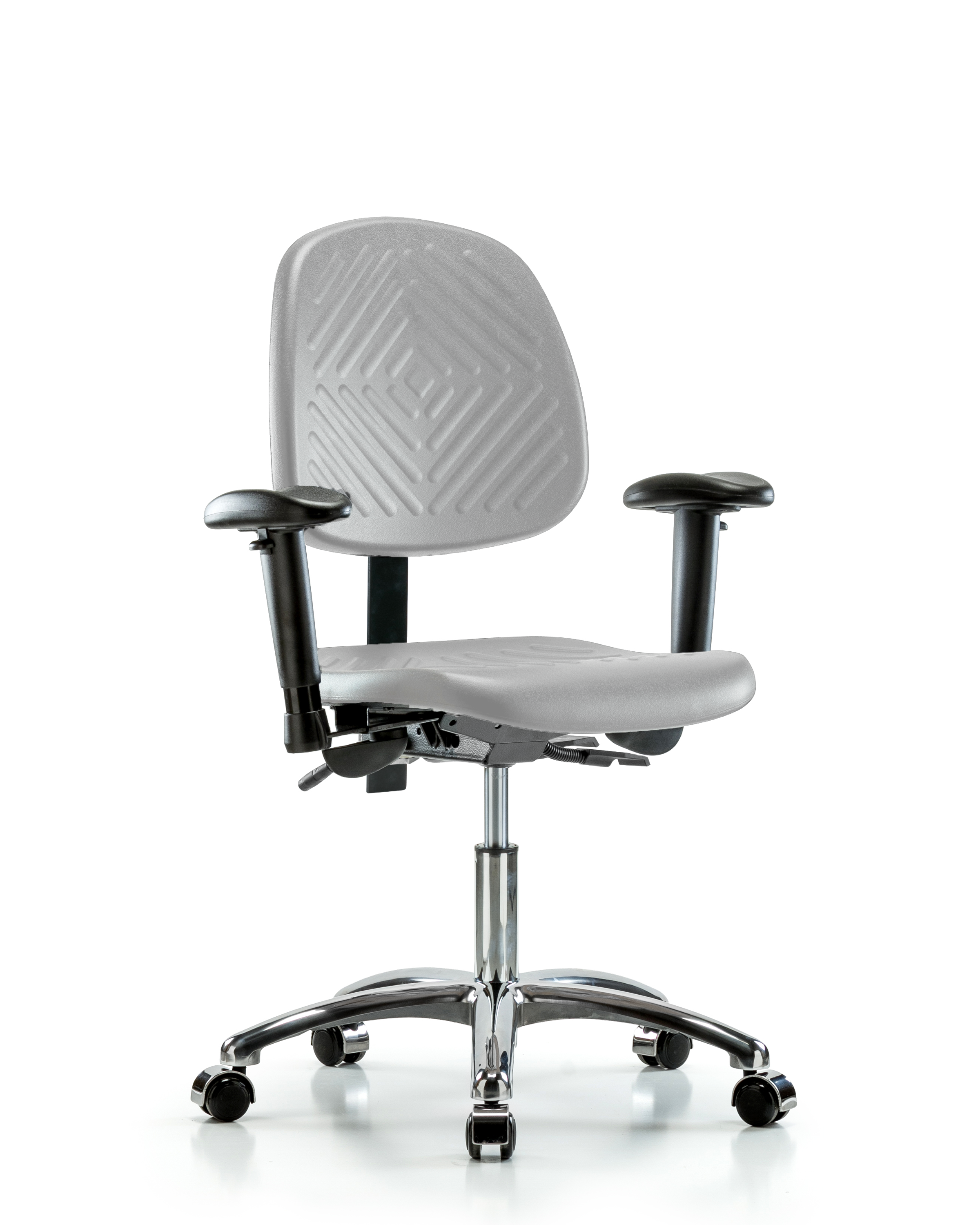 Polyurethane Chair Chrome - Desk Height with Medium Back, Seat Tilt, Adjustable Arms, & Casters in Gray Polyurethane