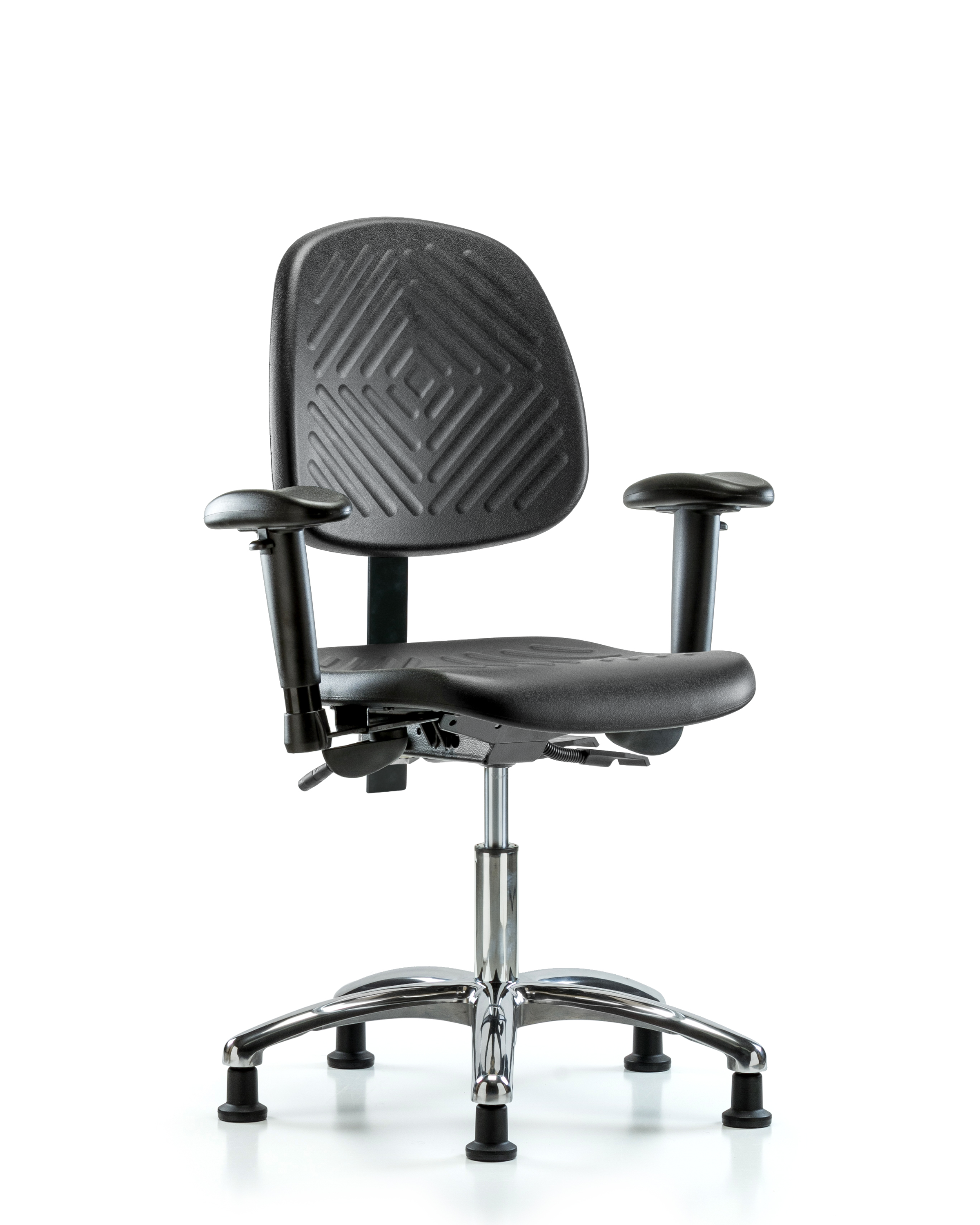 Polyurethane Chair Chrome - Desk Height with Medium Back, Seat Tilt, Adjustable Arms, & Stationary Glides in Black Polyurethane