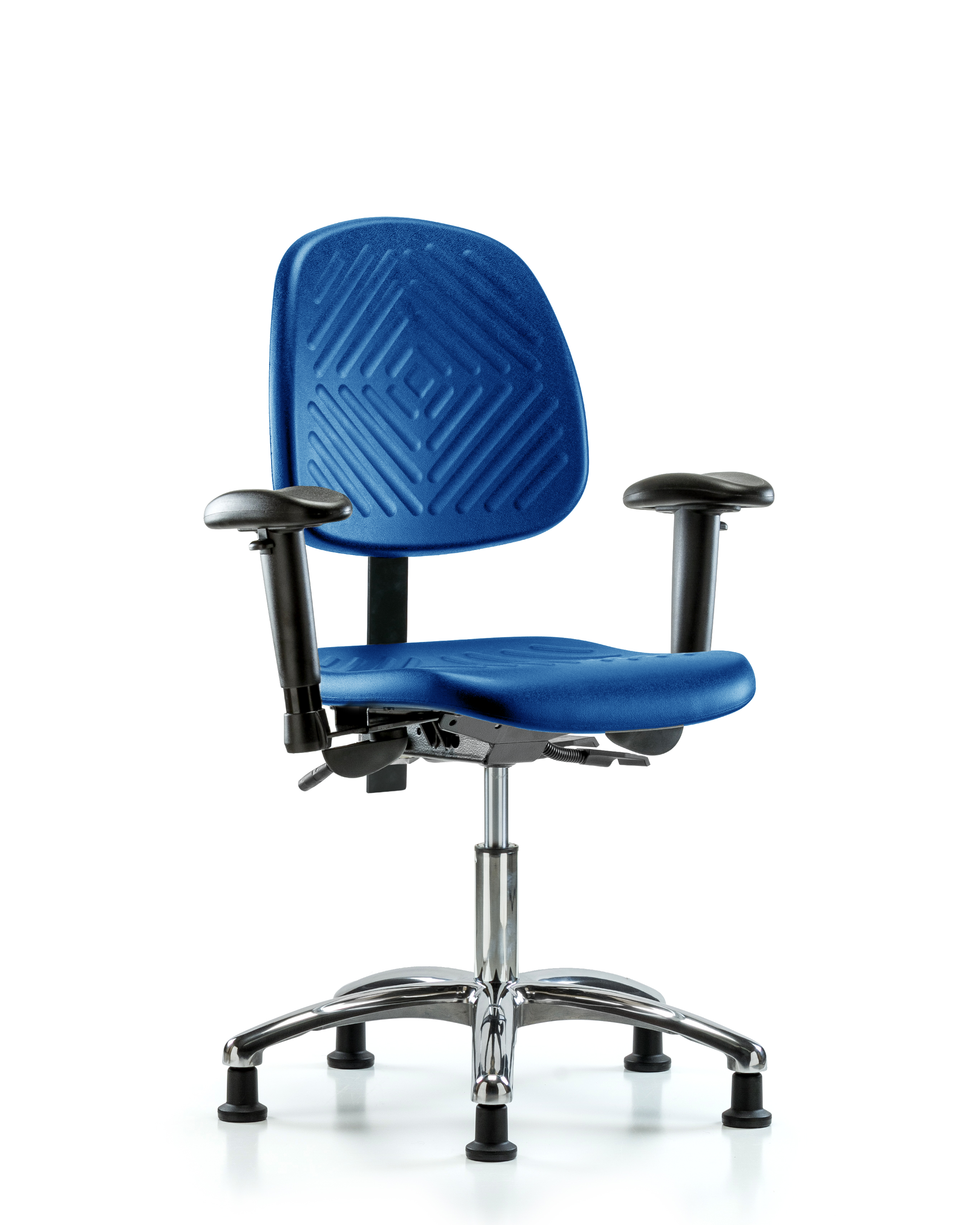Polyurethane Chair Chrome - Desk Height with Medium Back, Seat Tilt, Adjustable Arms, & Stationary Glides in Blue Polyurethane