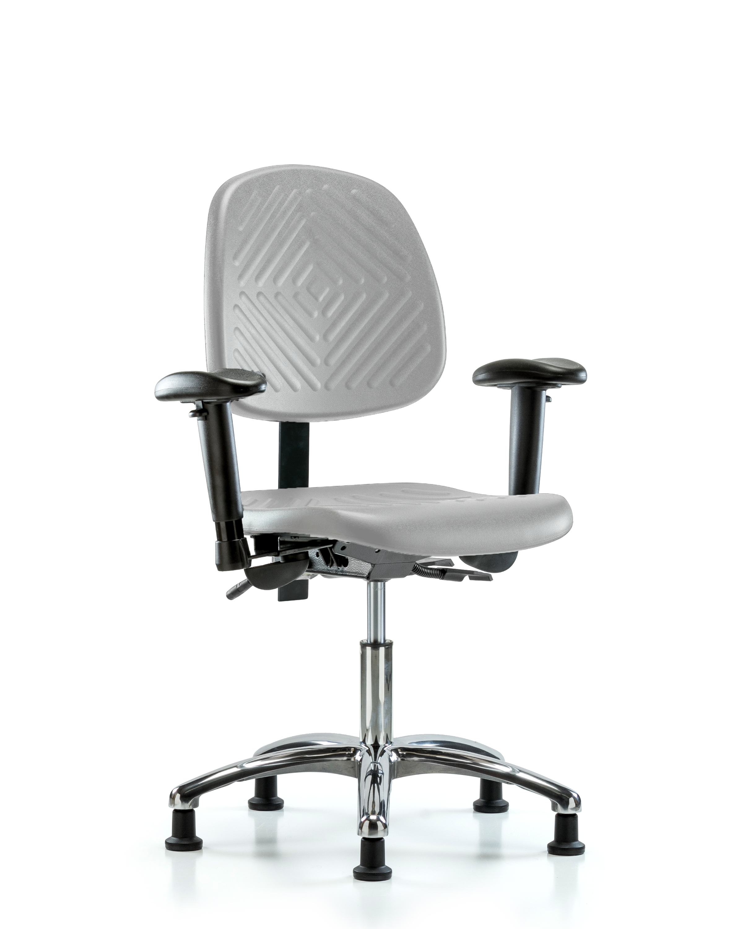 Polyurethane Chair Chrome - Desk Height with Medium Back, Seat Tilt, Adjustable Arms, & Stationary Glides in Gray Polyurethane