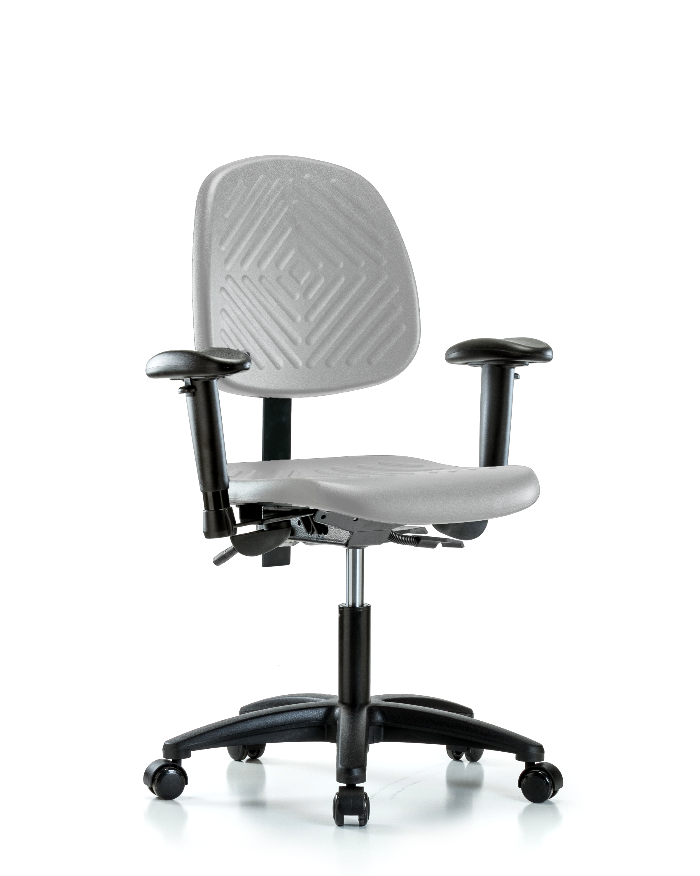 Polyurethane Chair - Desk Height with Medium Back, Adjustable Arms, & Casters in Gray Polyurethane