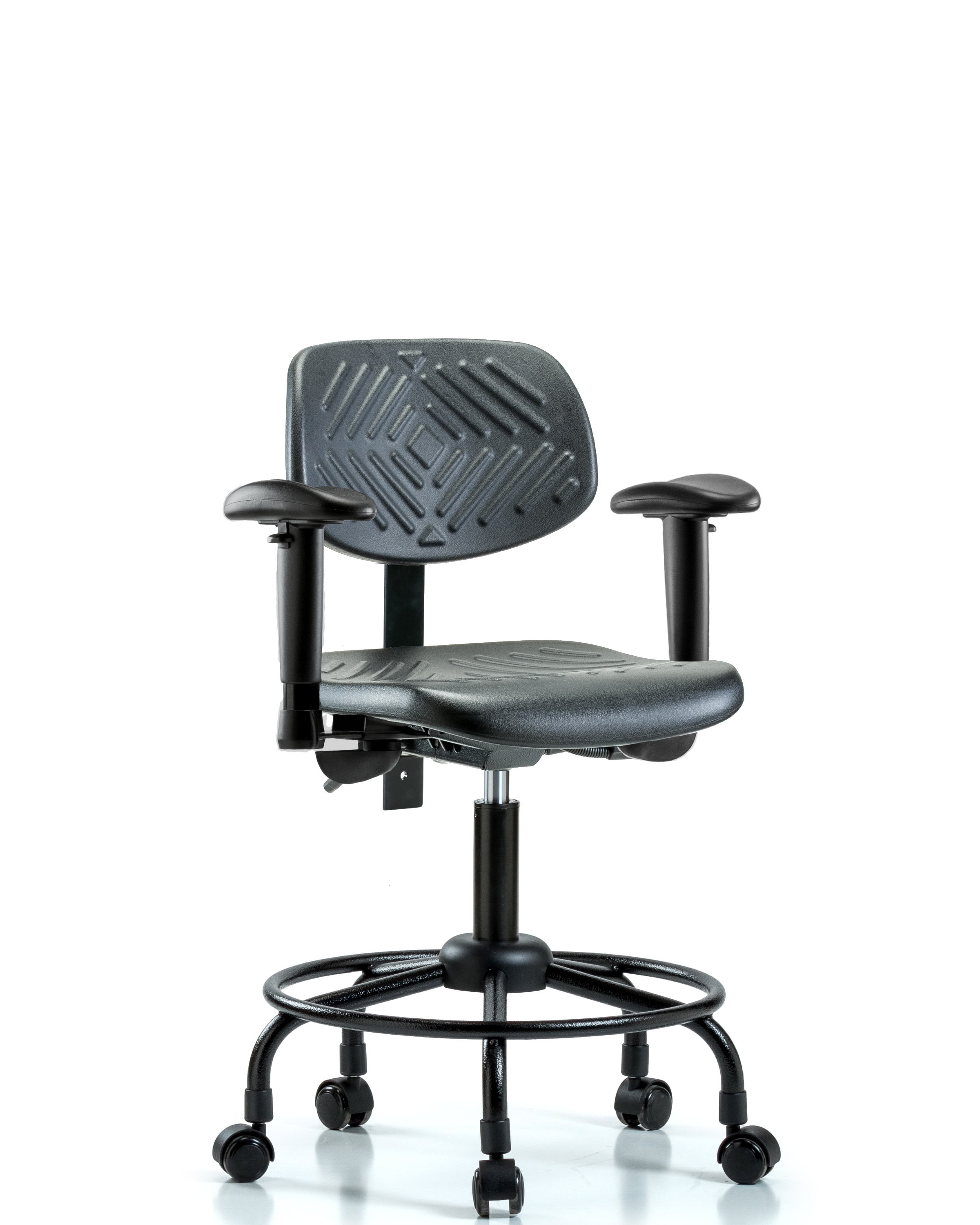 Polyurethane Chair Round Tube Base - Desk Height with Adjustable Arms & Casters in Black Polyurethane