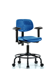 Polyurethane Chair Round Tube Base - Desk Height with Adjustable Arms & Casters in Blue Polyurethane