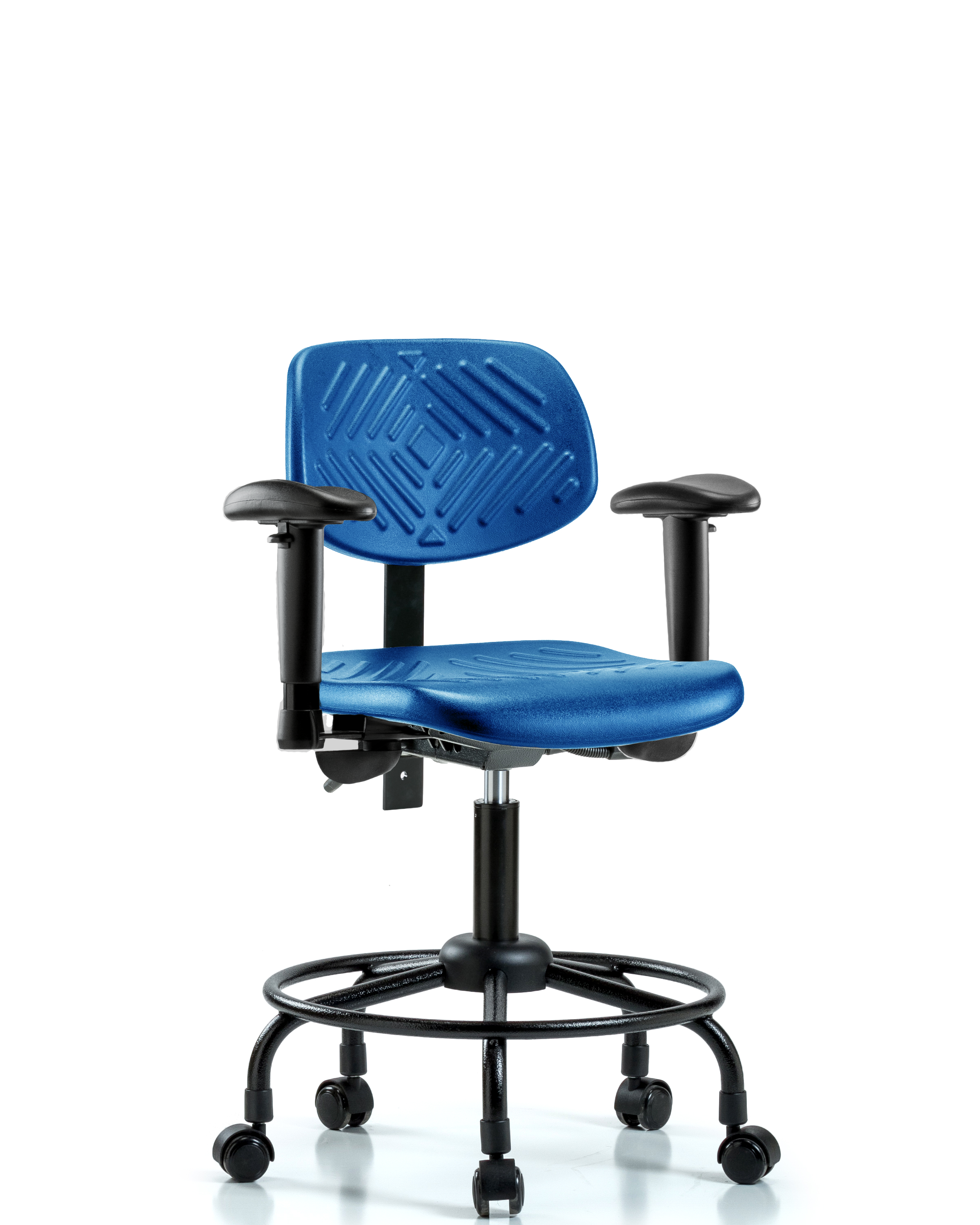 Polyurethane Chair Round Tube Base - Desk Height with Adjustable Arms & Casters in Blue Polyurethane