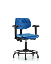 Polyurethane Chair Round Tube Base - Desk Height with Adjustable Arms & Stationary Glides in Blue Polyurethane