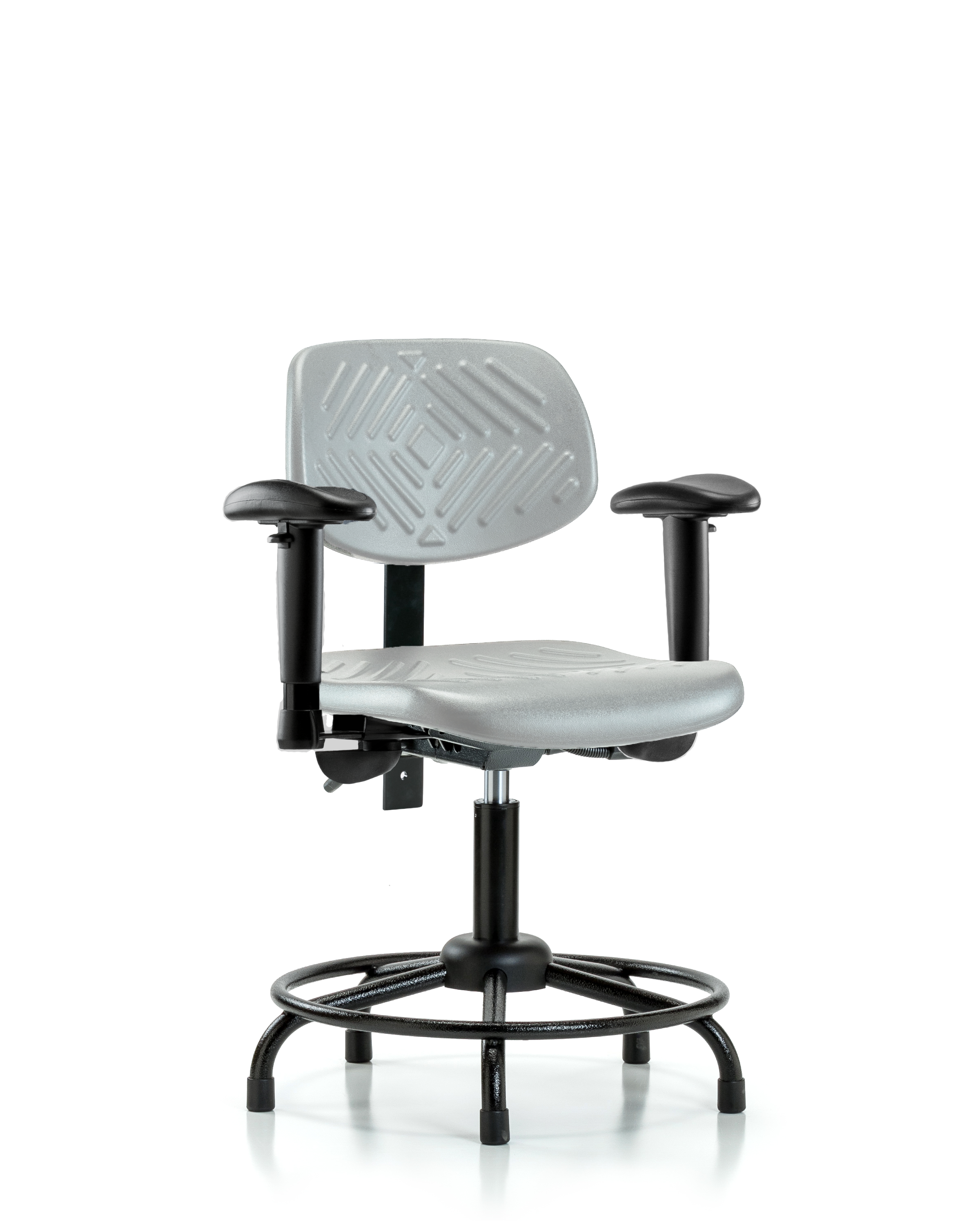Polyurethane Chair Round Tube Base - Desk Height with Adjustable Arms & Stationary Glides in Gray Polyurethane