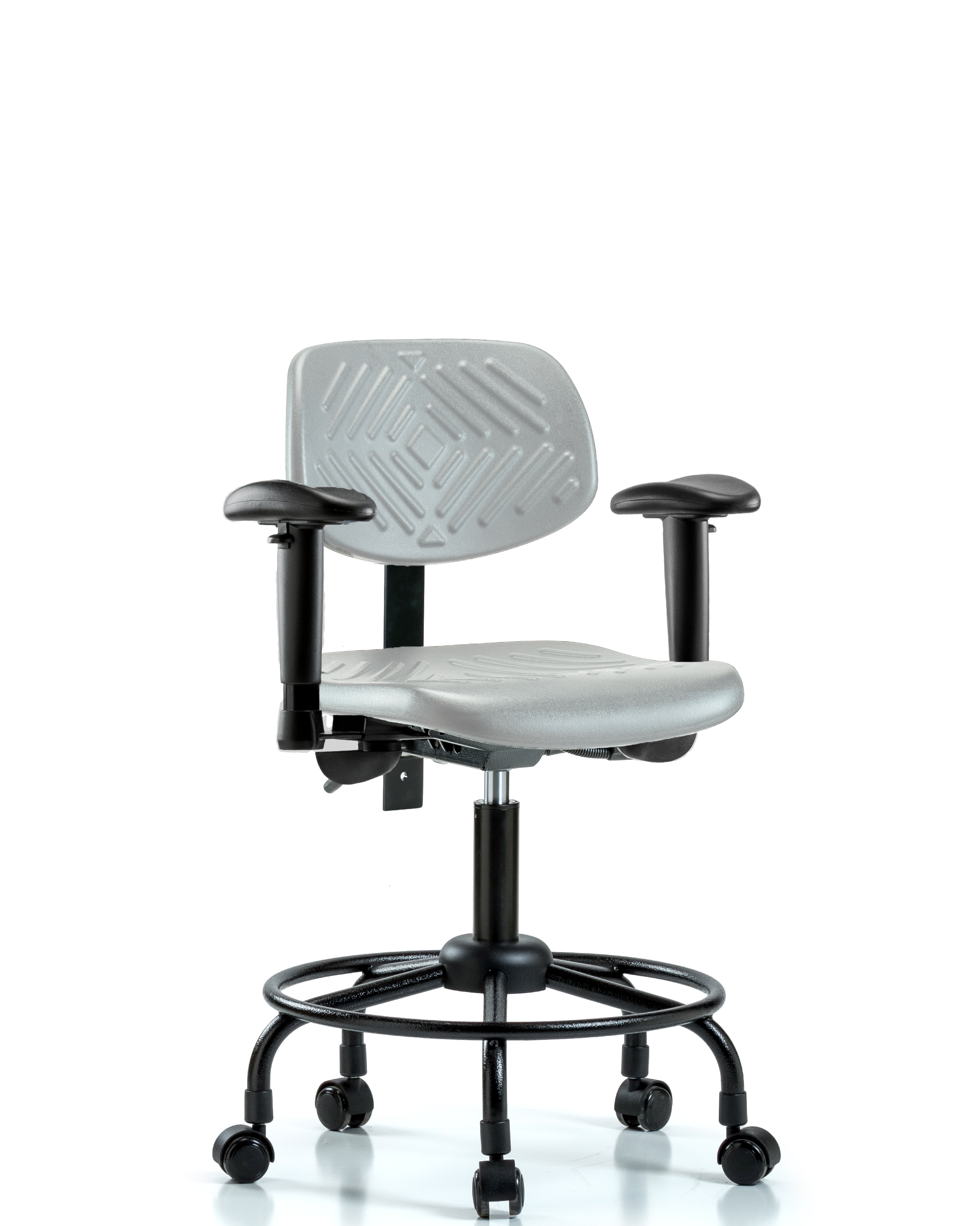 Polyurethane Chair Round Tube Base - Desk Height with Seat Tilt, Adjustable Arms, & Casters in Gray Polyurethane
