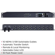 PDU, Switched, Rack Mounted, 5-15R, 5-15P, 10 Ft., Black