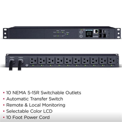 PDU, Switched, Rack Mounted, 5-15R, 5-15P, 10 Ft., Black