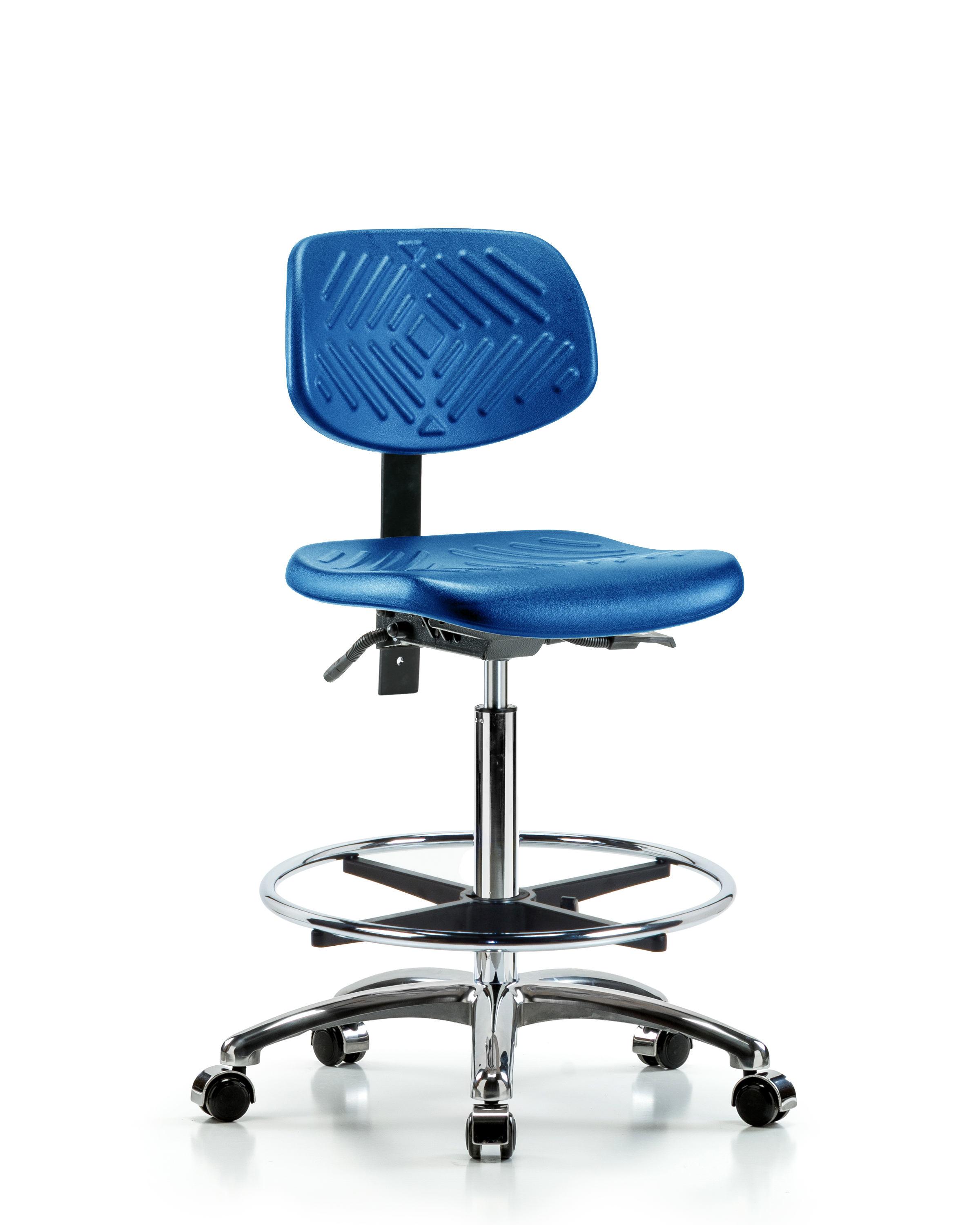 Polyurethane Chair Chrome - High Bench Height with Chrome Foot Ring & Casters in Blue Polyurethane