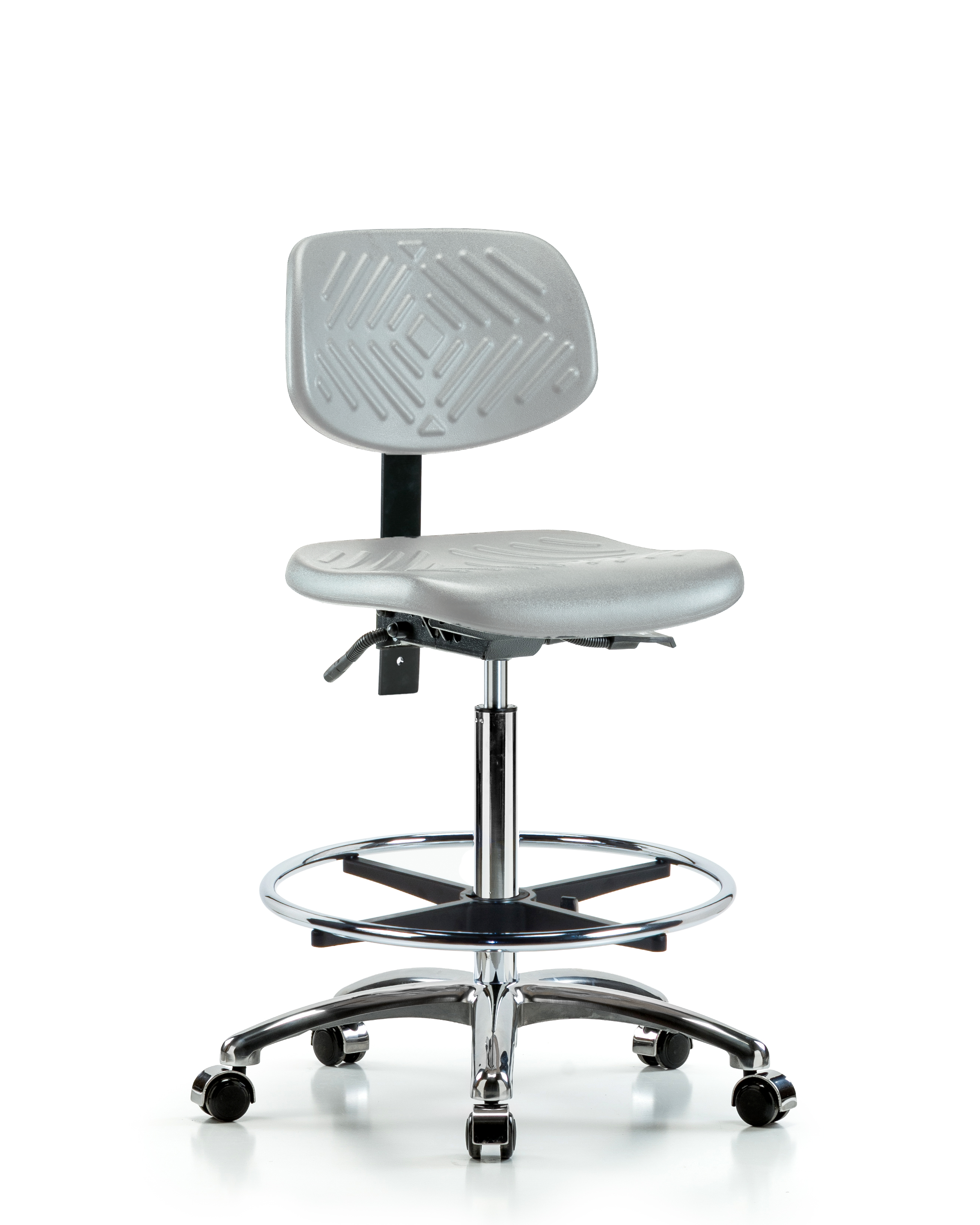 Polyurethane Chair Chrome - High Bench Height with Chrome Foot Ring & Casters in Gray Polyurethane