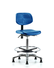 Polyurethane Chair Chrome - High Bench Height with Chrome Foot Ring & Stationary Glides in Blue Polyurethane