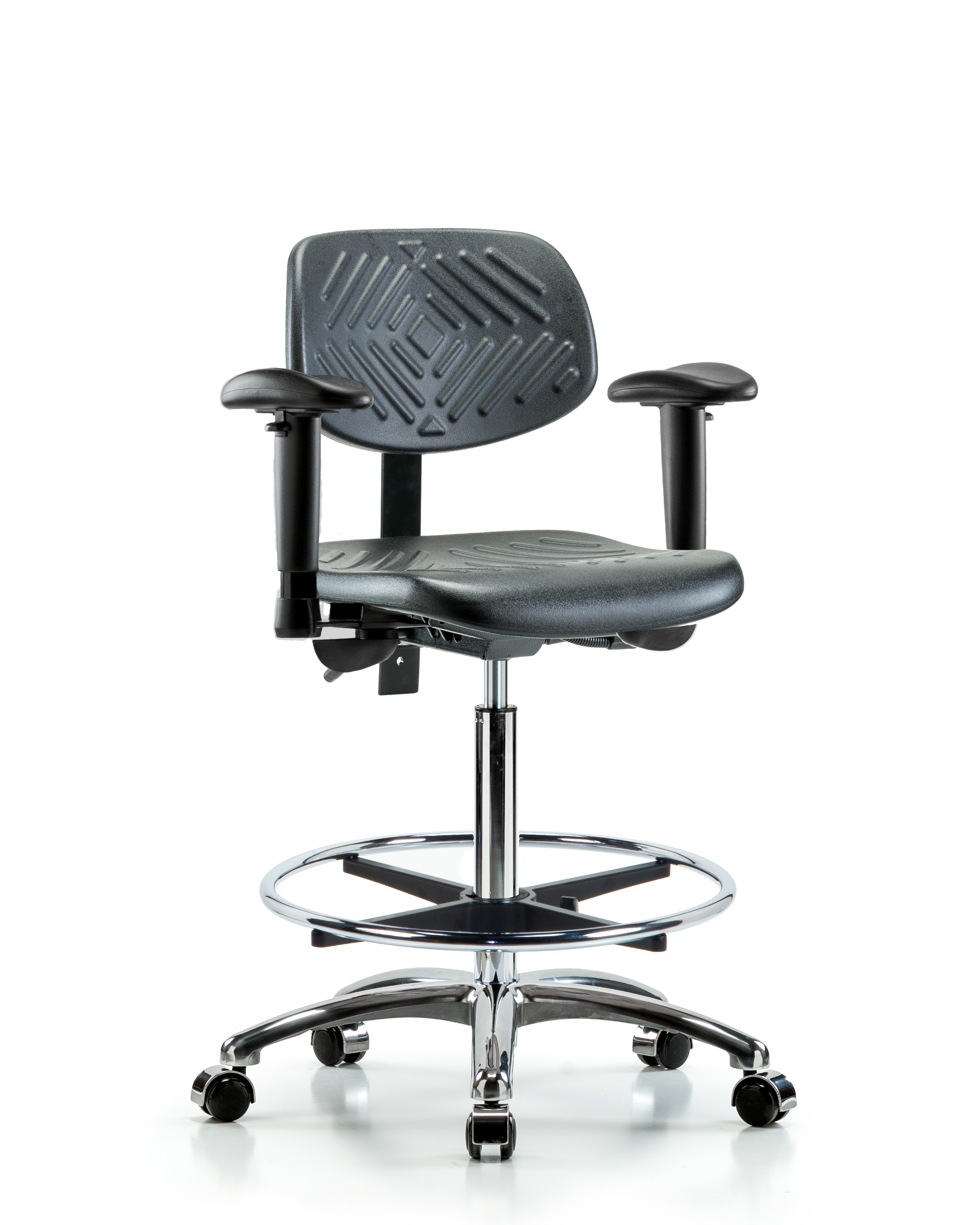 Polyurethane Chair Chrome - High Bench Height with Adjustable Arms, Chrome Foot Ring, & Casters in Black Polyurethane
