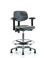 Polyurethane Chair Chrome - High Bench Height with Adjustable Arms, Chrome Foot Ring, & Stationary Glides in Black Polyurethane